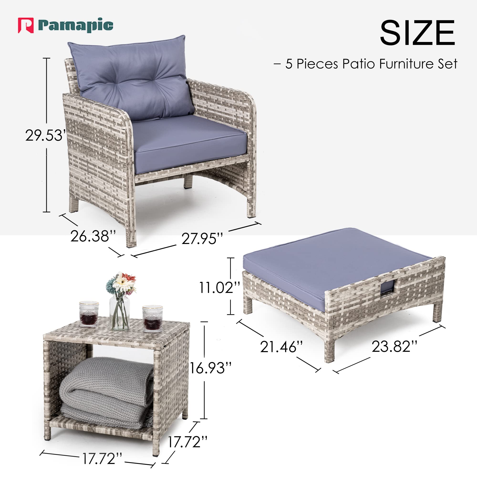 Pamapic 5-Piece Wicker Patio Furniture Set - Outdoor Rattan Chairs with Ottomans & Coffee Table - Purple Cushions & Gray Wicker - Perfect for Garden, Balcony, Porch & Backyard Relaxation