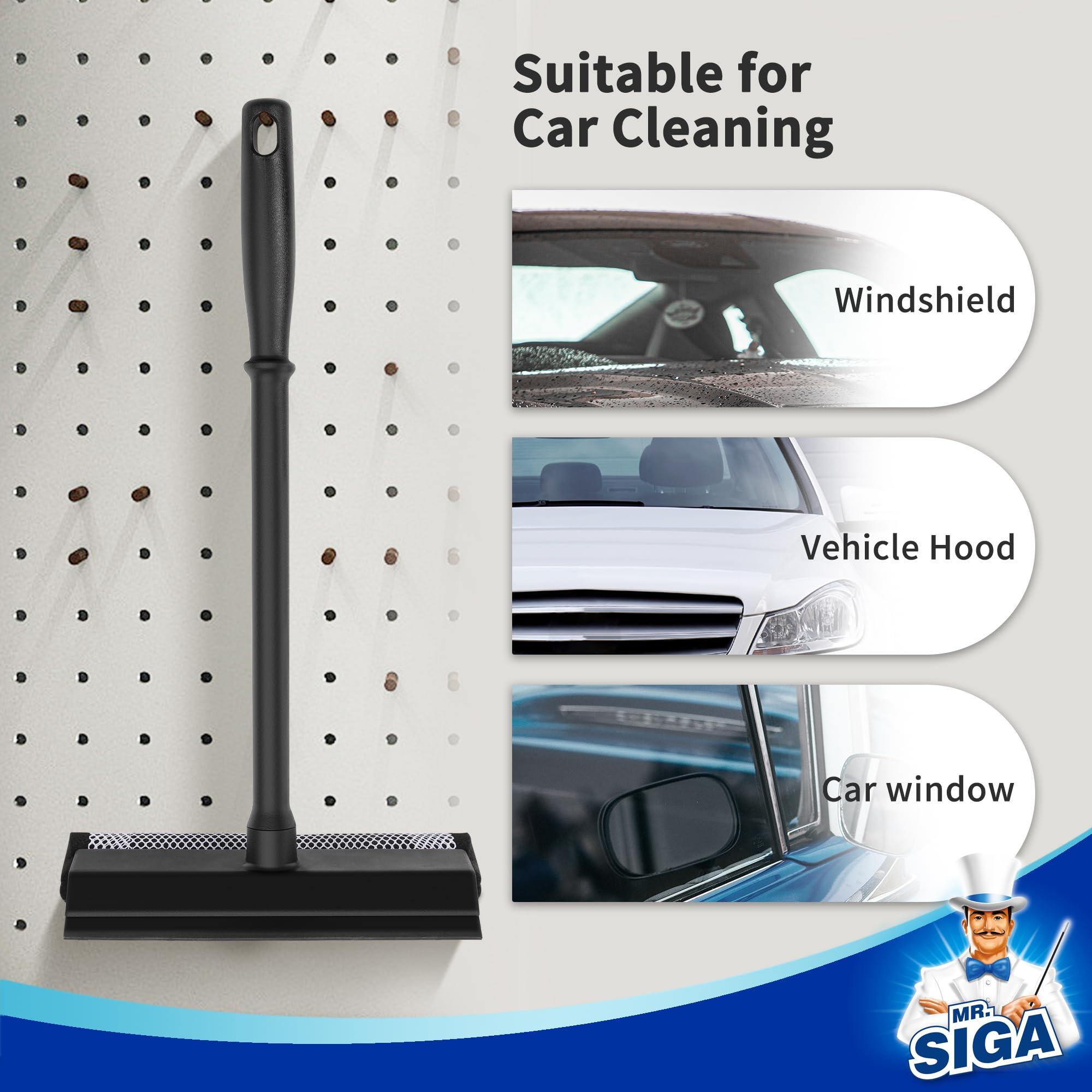 MR.SIGA Professional Car Window Squeegee - 2 in 1 Windshield Cleaner with Rubber Blade & Sponge Scrubber, Ergonomic Handle for Streak-Free Cleaning - Perfect for Car Wash, Home Windows & Glass Surfaces
