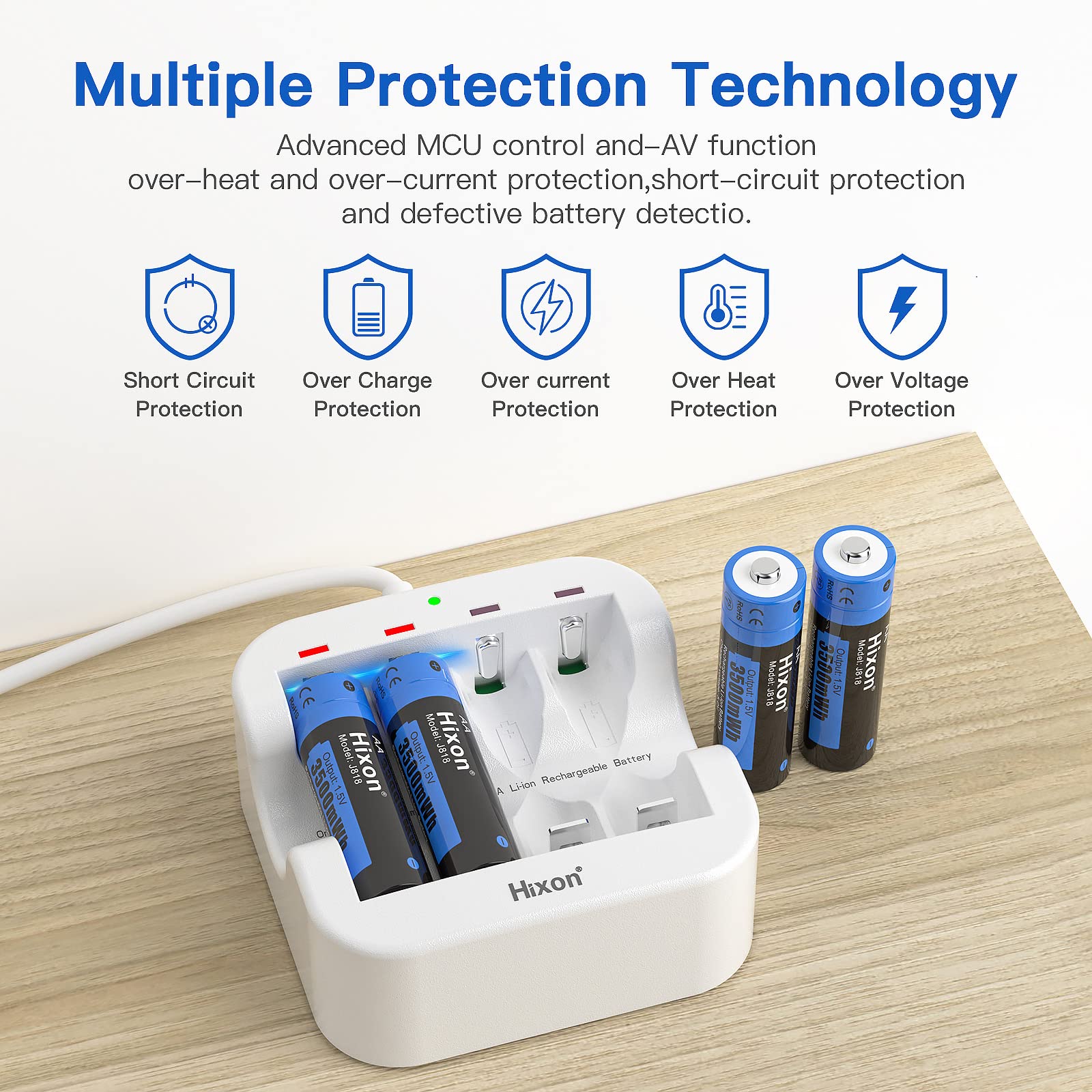 Hixon 3500mWh High-Capacity AA Rechargeable Lithium Batteries with Charger - 4 Pack 1.5V Constant Output for Digital Cameras, Game Controllers & Smart Home Devices