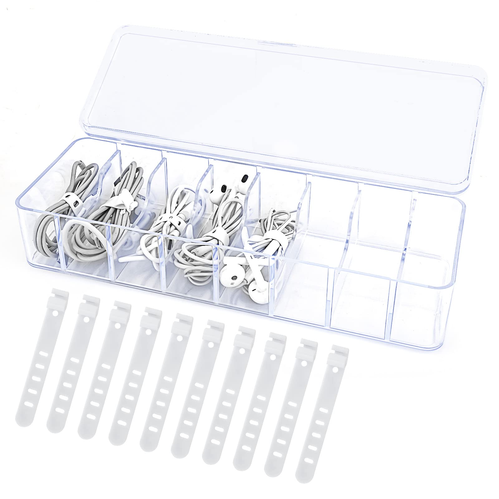 Waterproof Plastic Cable Organizer Storage Box with 10 Silicone Ties - USB & Charger Cord Management Solution for Office & Home - Perfect for Desk Clutter Control & Travel Electronics Organization