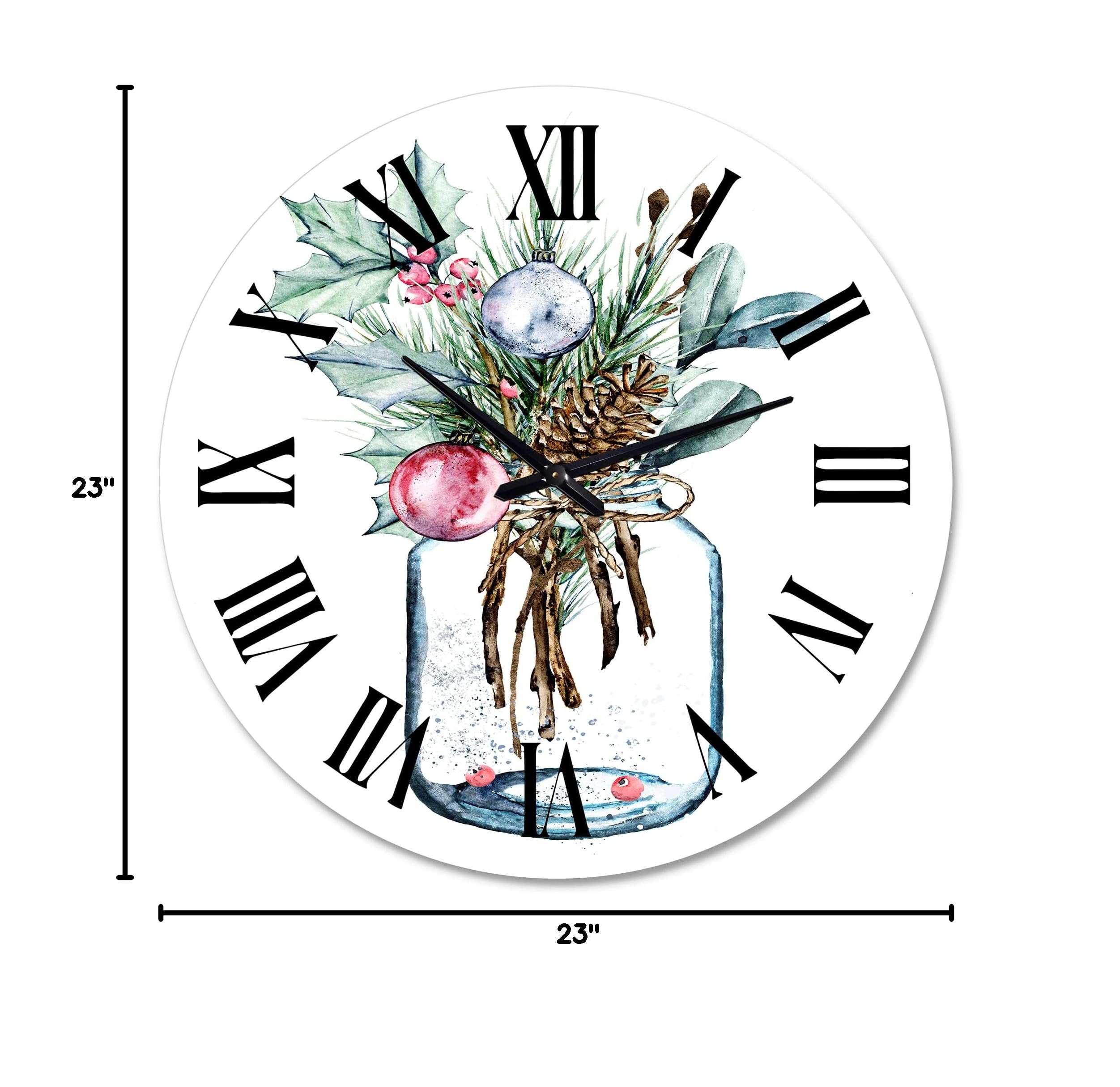 DesignQ Traditional Wall Clock - Merry Christmas Greenery in Transparent Jar - Large Floral Botanical Wall Clock for Home Decor - Perfect for Bedroom, Living Room & Holiday Decorations