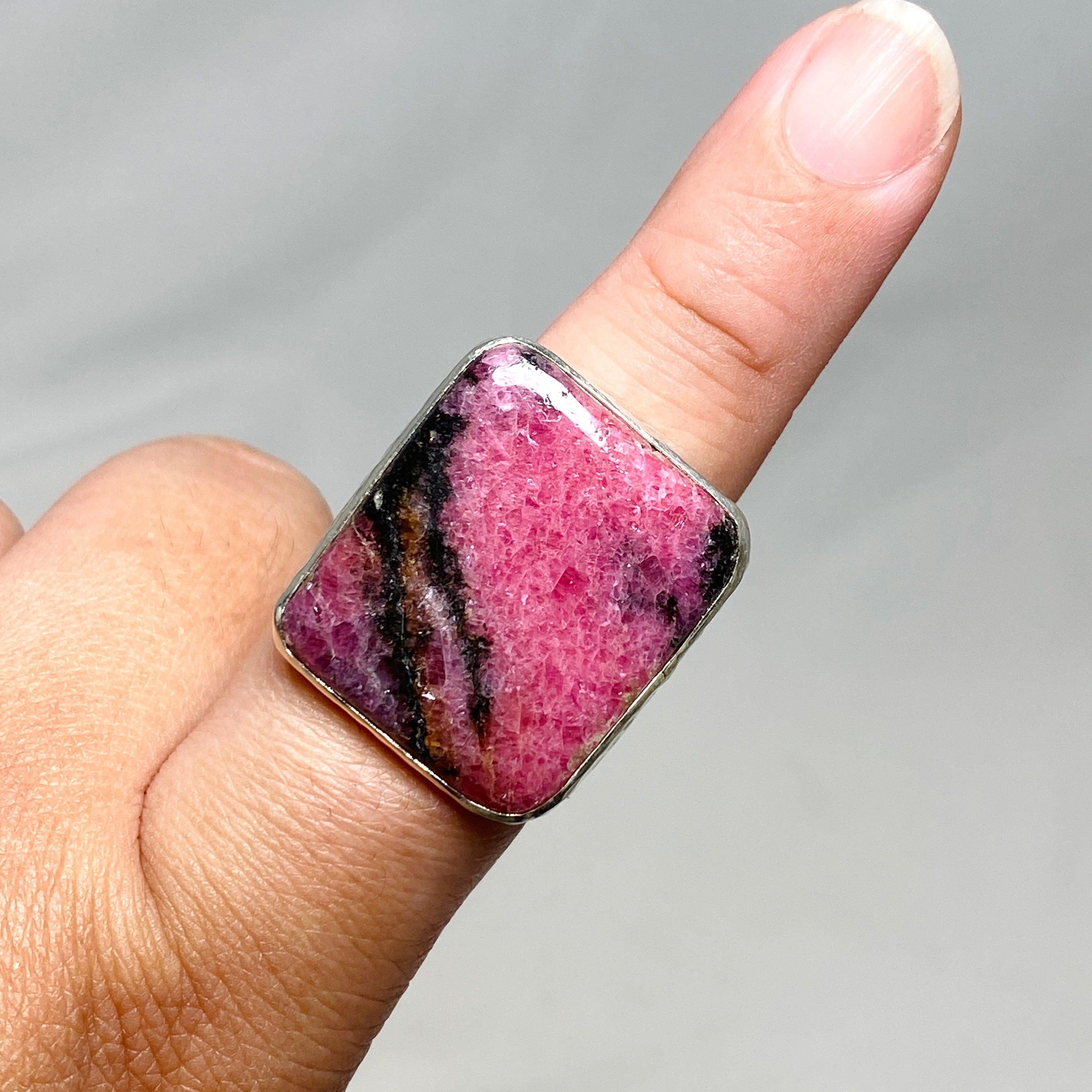 Rhodonite Rectangle Ring in Hammered Silver Setting - Size 9.5 (KRGJ3212) | Healing Stone Jewelry for Women, Meditation & Spiritual Gifts
