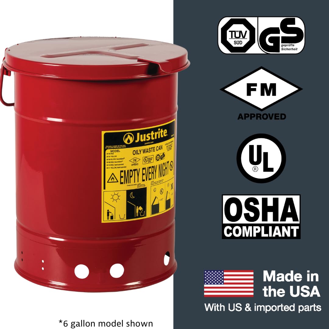 Justrite 21 Gallon Galvanized Steel Oily Waste Can with Self-Closing Lid - 23.5