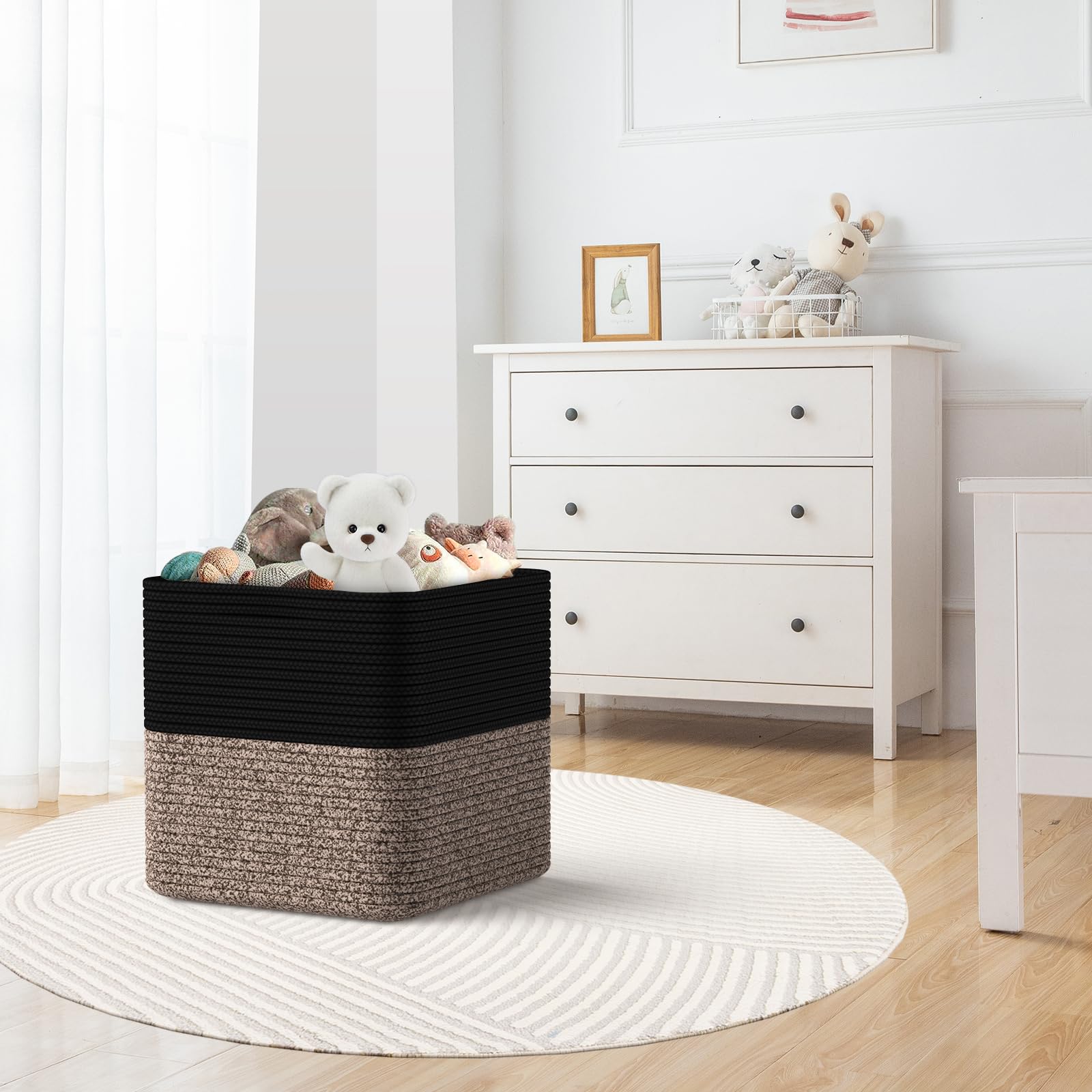 11 Inch Woven Cotton Rope Storage Baskets - 3 Pack Organizer Bins with Handles for Toys, Blankets, Laundry | Decorative Home Storage for Living Room, Bedroom & Closet (Black & Brown) | Perfect for Nursery, Playroom & Bathroom Organization