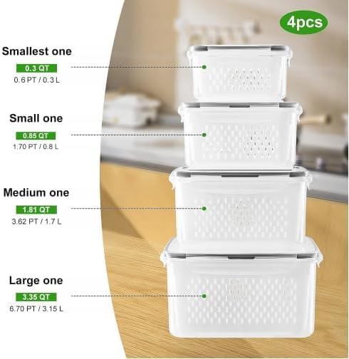 4-Piece Leakproof Food Storage Containers with Removable Colander & Chopper Set - Dishwasher & Microwave Safe Fridge Organizers for Fresh Fruits & Vegetables | Perfect for Meal Prep, Snack Storage & Kitchen Organization