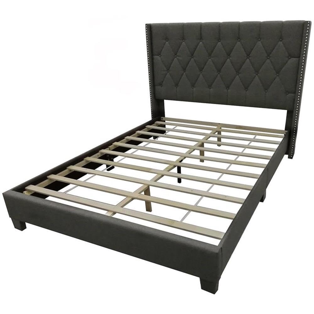 Better Home Products Amelia 62 x 86 Fabric Tufted Queen Size Platform Bed Frame in Charcoal - Modern Bedroom Furniture for Small Spaces & Guest Rooms
