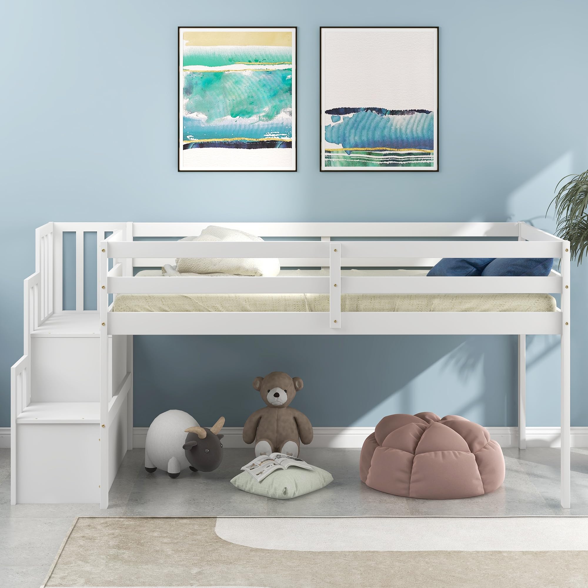 Bellemave Twin Size Low Loft Bed with Stairs & Storage - Sturdy Wooden Bed Frame for Kids, Teens, Boys & Girls - White - Perfect for Small Bedrooms, Dorm Rooms & Kids' Spaces