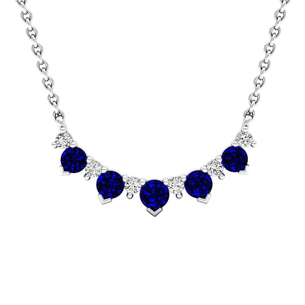 10K Solid White Gold Round Blue Sapphire & Diamond Women's Necklace - Elegant Silver Chain Jewelry for Weddings, Parties & Special Occasions