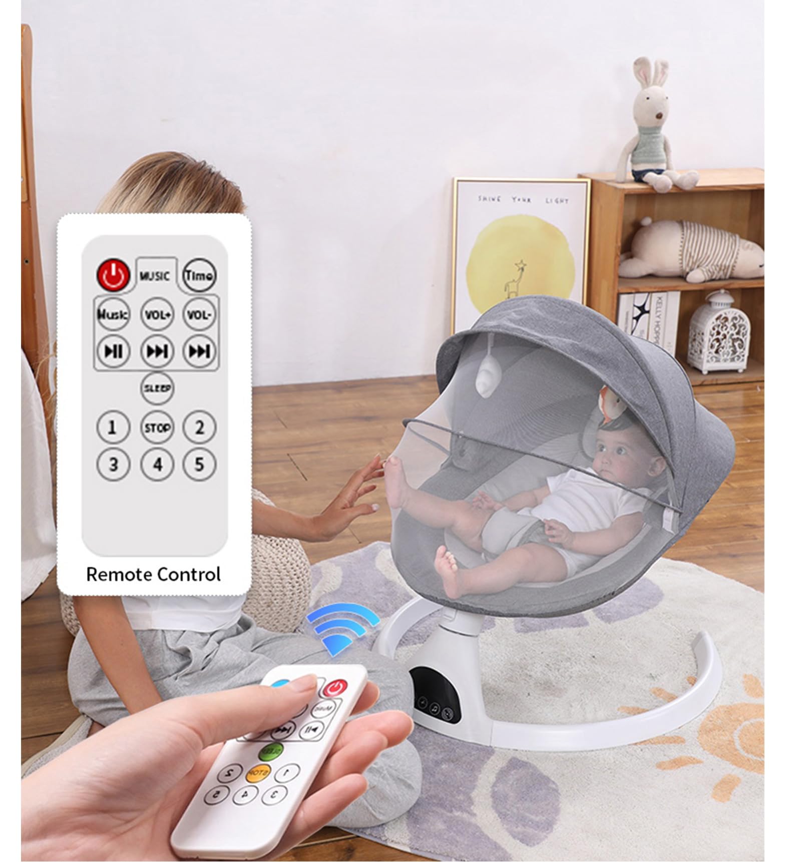 Suureks Baby Swing for Infants - 5 Motion Rocker with LED Touch Panel, Music Speaker & Remote Control | Gentle Swaying for Newborns & Toddlers | Perfect for Nursery, Playtime & Soothing Fussy Babies