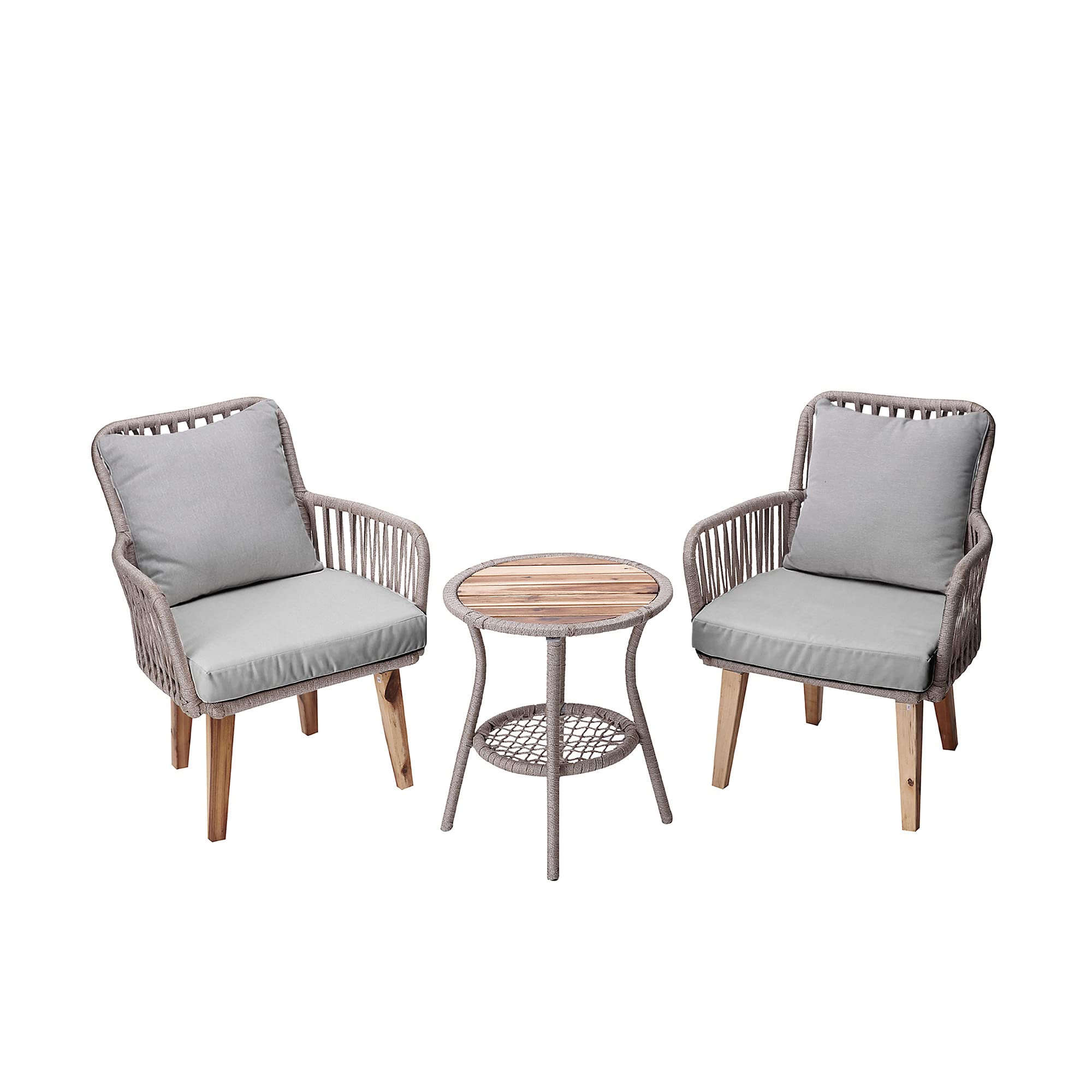 Teamson Home 3-Piece Wicker Bistro Set with Wooden Side Table & 2 Aluminum Frame Chairs - Weather-Resistant Cushions for Outdoor Patio, Garden, Backyard & Deck - Perfect for Relaxing, Dining & Entertaining Guests (Tan)