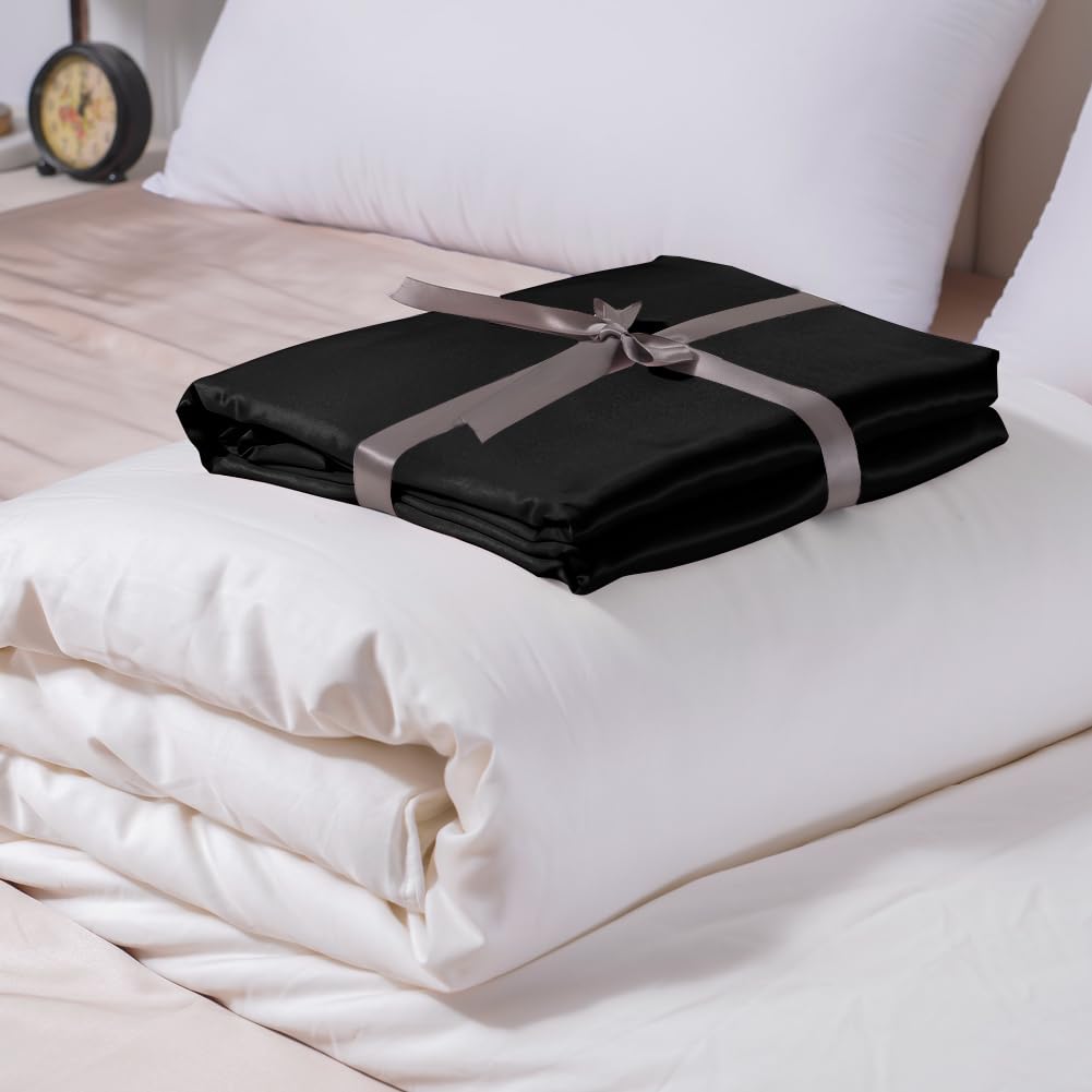 THXSILK 100% Natural Silk Comforter with Removable Duvet Cover - Twin Size Summer Silk Quilt for Bedroom Luxury | Breathable & Hypoallergenic Silk Bedding Set in Black