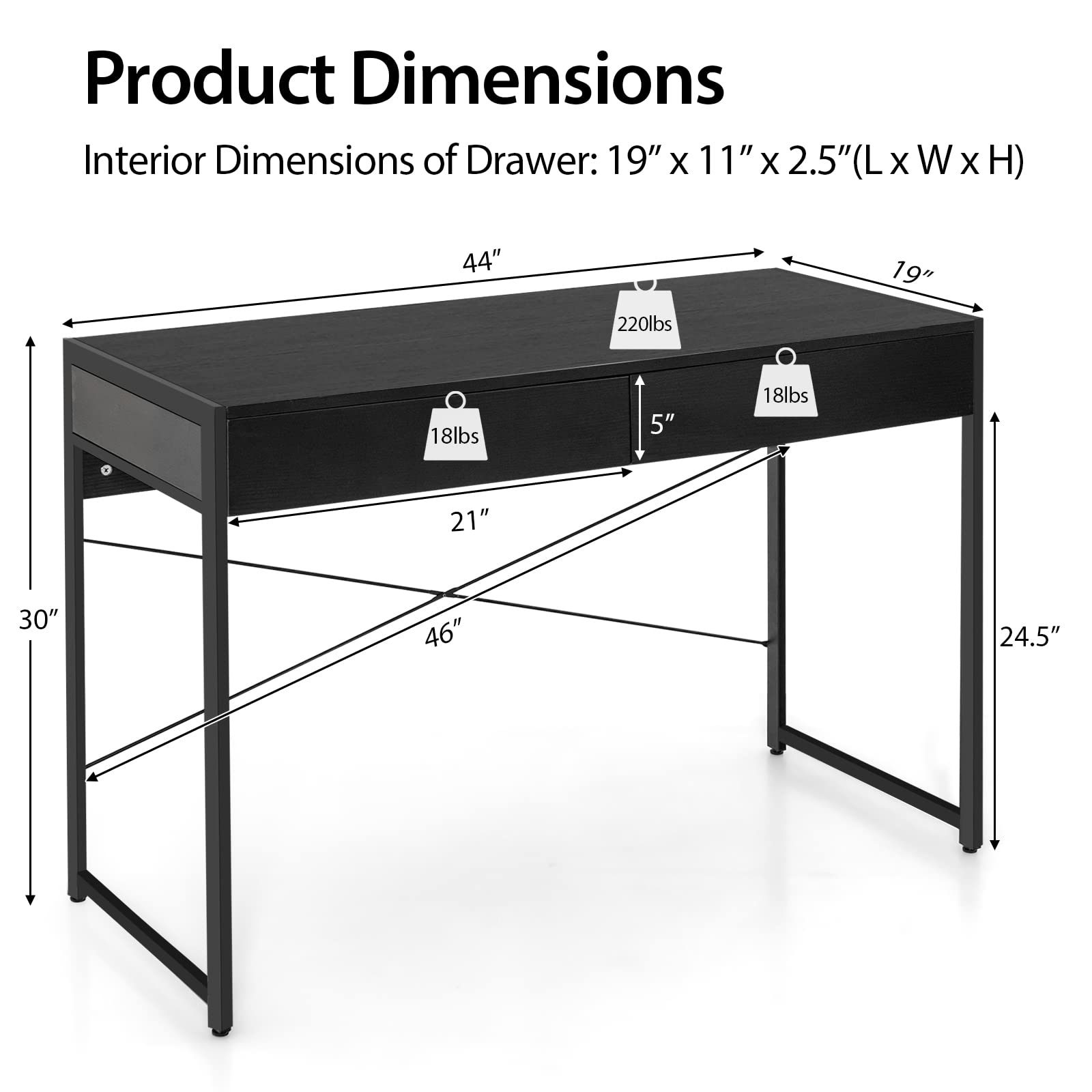 Tangkula 44-Inch Computer Desk with 2 Drawers - Sturdy Wooden Writing Desk with Steel Frame, Home Office Workstation for Laptop & PC - Perfect for Small Spaces, Bedroom, Study Room & Home Office (Black)