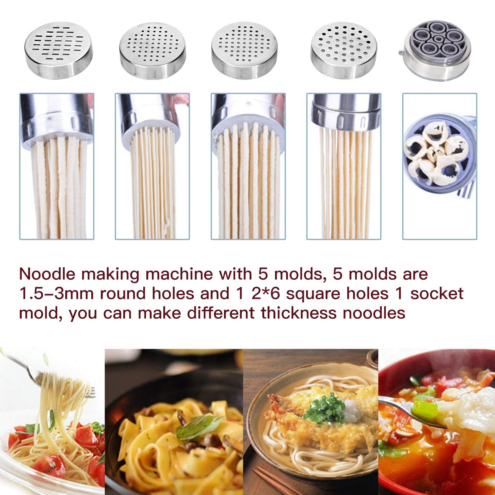 Stainless Steel Manual Pasta Maker Machine with 5 Noodle Molds - Hand Press Spaghetti & Fettuccine Pasta Press - Includes Fruit Juicer Attachment for Fresh Juice - Perfect for Italian Cooking & Homemade Pasta Making (18.5x14cm)