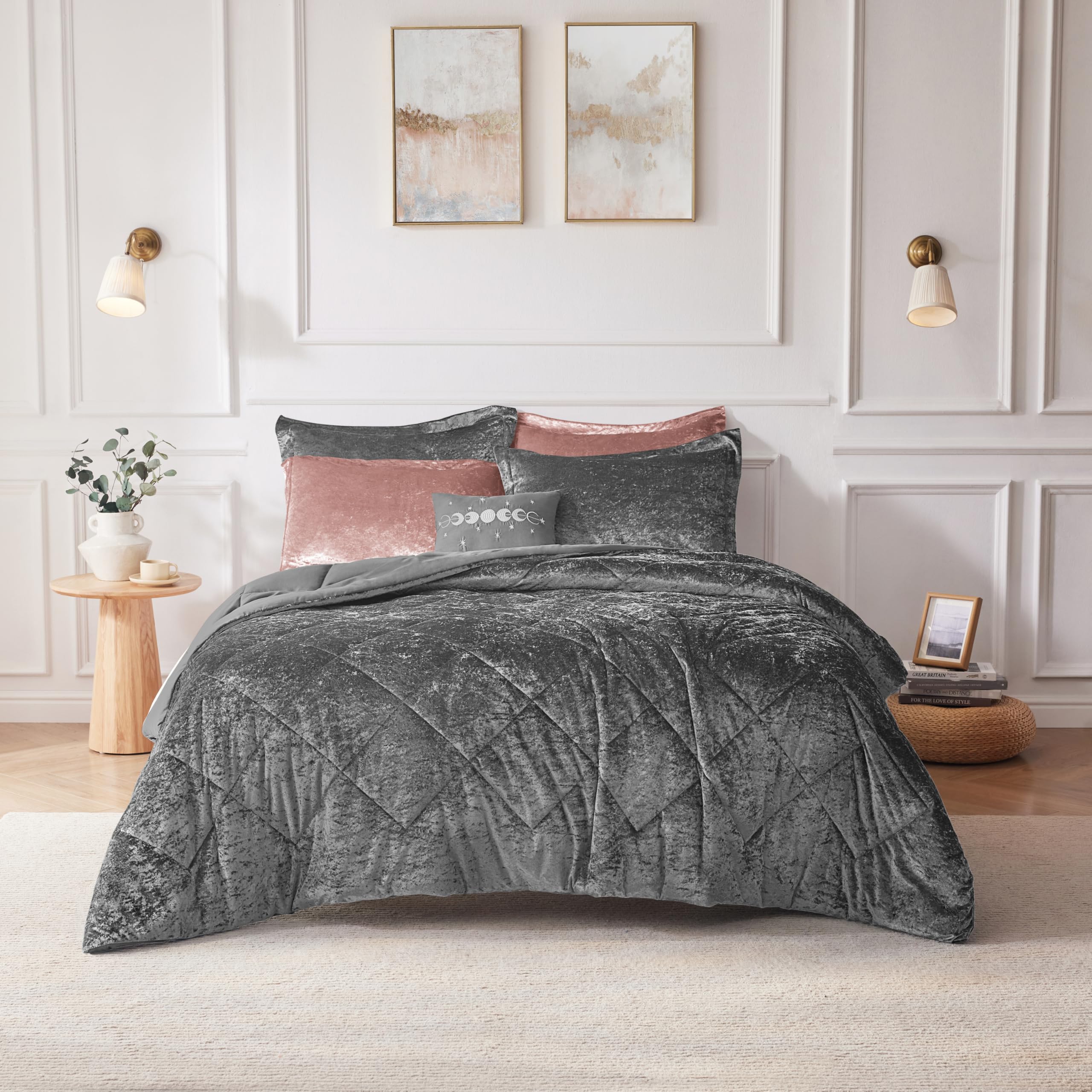 Luxury Velvet Queen Duvet Cover Set - Diamond Quilting Grey Bedding with Decorative Pillow & 2 Shams (4-Piece) - Soft Fluffy Comforter Cover for Full/Queen Bed - Perfect for Master Bedroom, Guest Room & Cozy Winter Nights