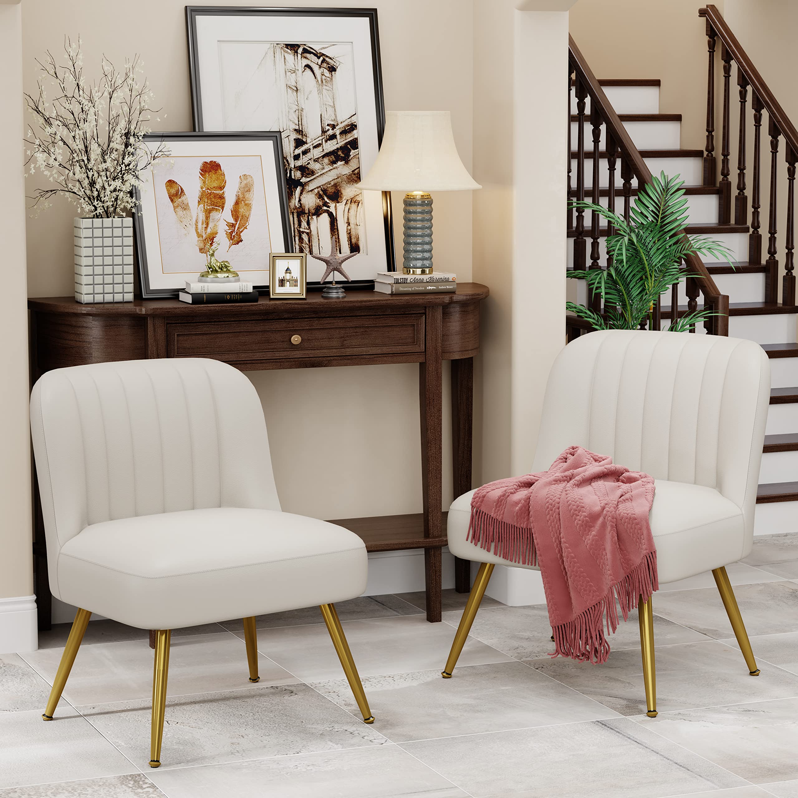 Andeworld 2-Piece Modern Accent Chair Set - Faux Suede Upholstered Armless Living Room Chairs with Golden Legs, Elegant Small Side Club Chairs for Bedroom, Living Room & Office - Beige