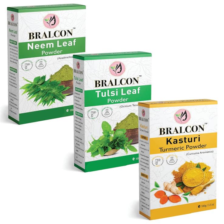 BRALCON Organic Neem Powder, Tulsi Powder, Kasturi Turmeric Powder Combo - 300g (3 x 100g) | Natural Ayurvedic Face Pack for Skin Brightening, Glowing Complexion & Hair Growth | Perfect for DIY Beauty Treatments, Spa Days & Holistic Skincare Routines