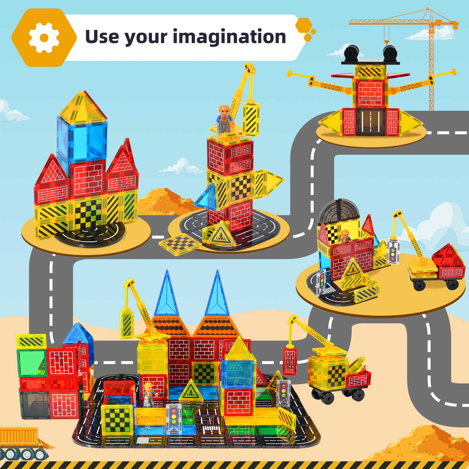 Magnetic Tiles Road Set - City Construction Building Toys for Kids Ages 3+, Magnetic Blocks with Extendable Crane & Car, STEM Learning Toys for Boys & Girls - Perfect for Creative Play, Birthday Gifts & Classroom Activities