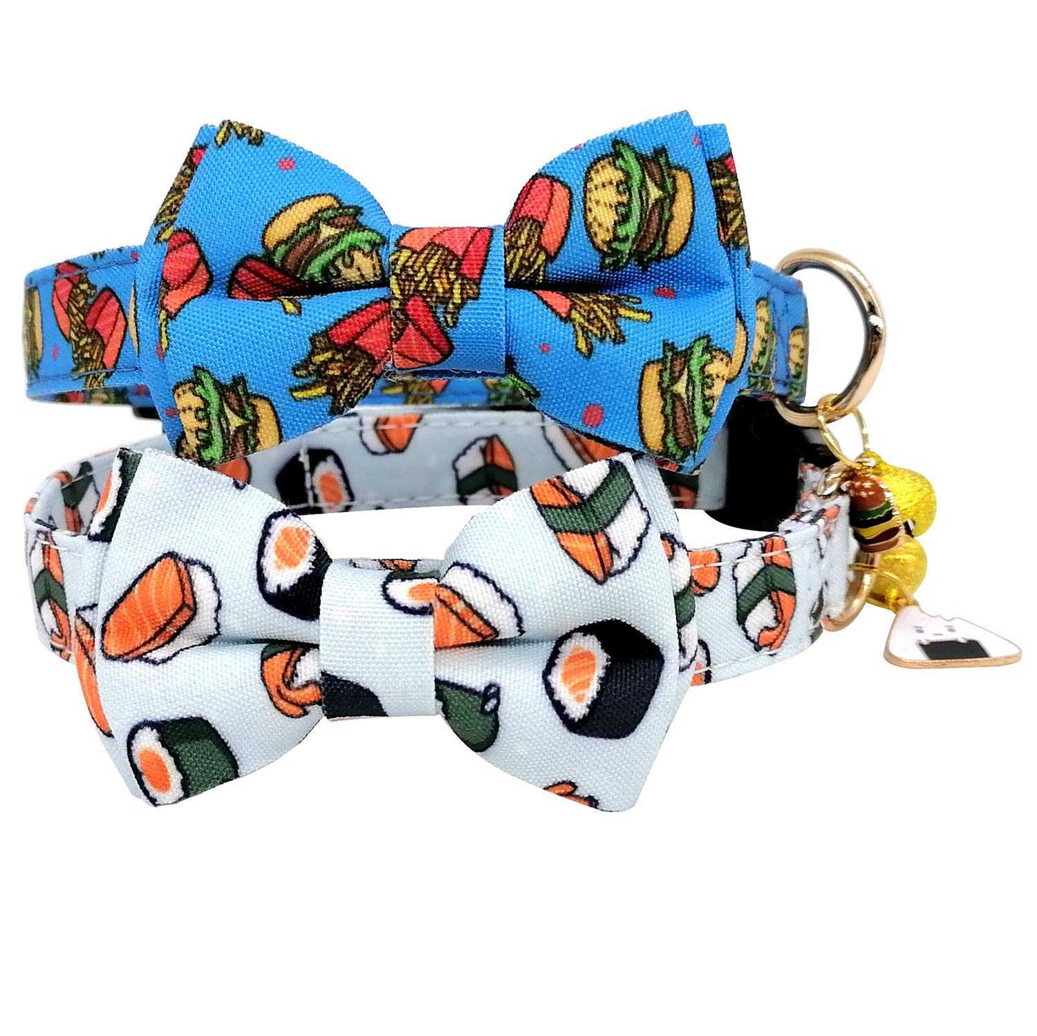 KUDES 2 Pack Adjustable Dog Collars with Bow Tie - Cute Pet Collar Set with Bells & Safety Buckle for Small Medium Large Dogs & Cats - Perfect for Birthday Parties, Halloween Costumes & Daily Walks (Hamburger+Sushi, L 14