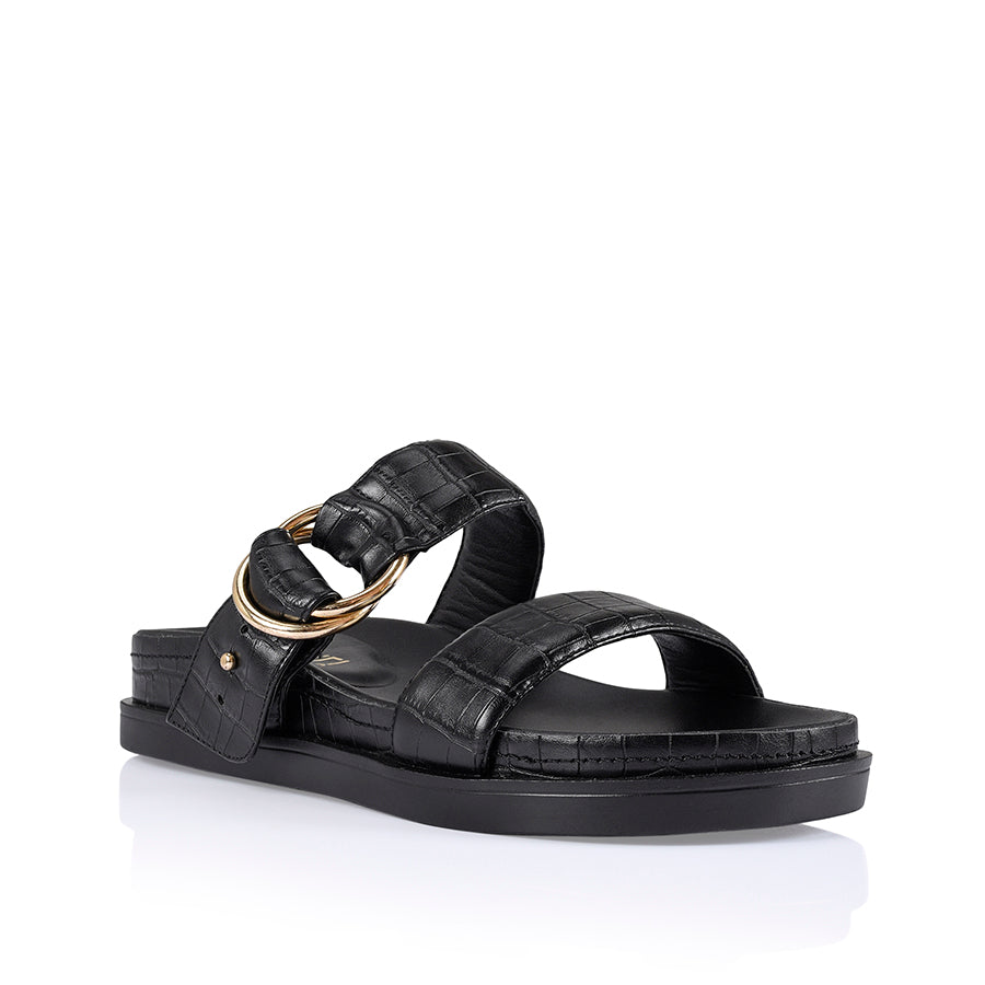 Oslo Chunky Slides - Black Croc Embossed Sandals for Women | Comfortable Summer Slide Shoes | Perfect for Beach, Pool, and Casual Outings