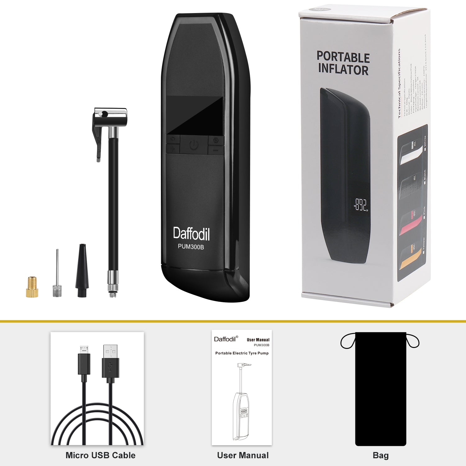 Portable Air Compressor - Rechargeable Automatic Tire Pump for Cars, Bikes & Inflatables - PUM300 - Perfect for Road Trips, Camping & Emergency Use