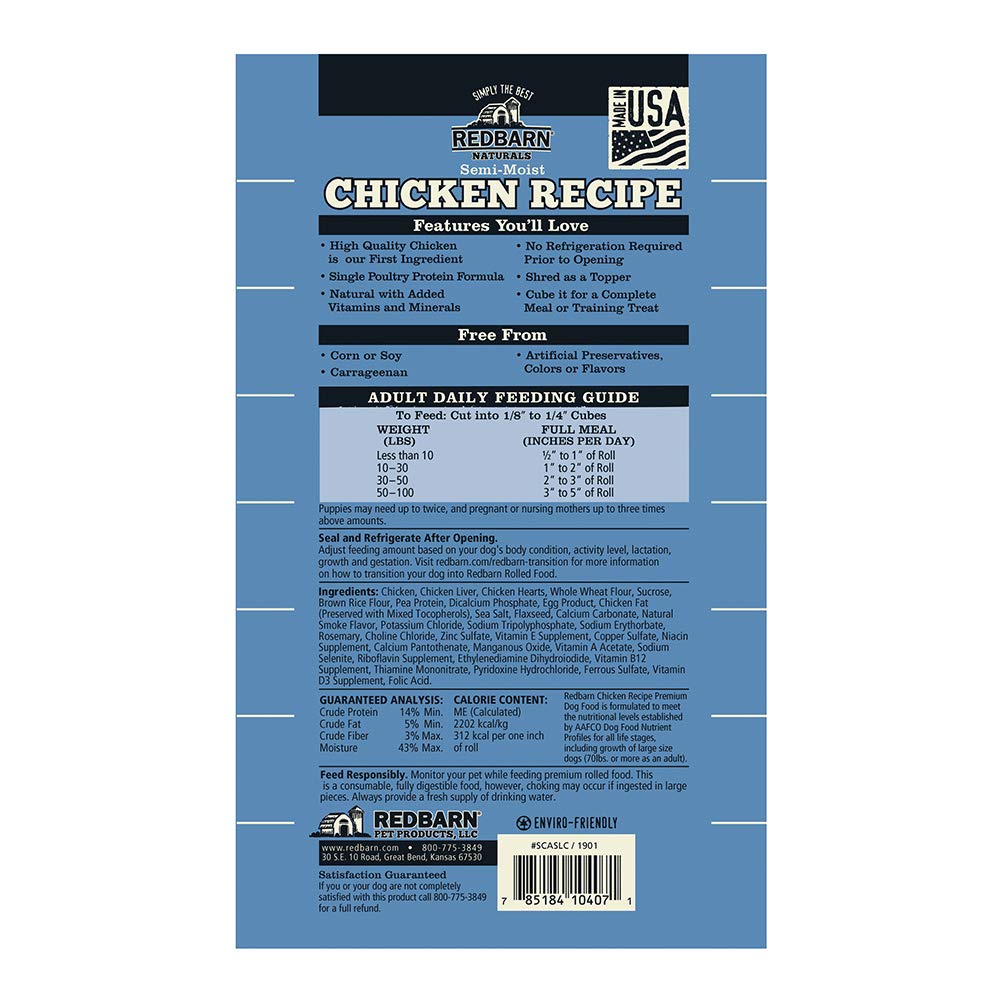 Redbarn 4lb Chicken Recipe Rolled Dog Food - Natural Ingredients with Added Vitamins & Minerals | Shelf-Stable, Grain-Free Dog Treats for Training & Topping | Made in USA (Pack of 1) | Perfect for Daily Meals, Training Rewards & Food Toppers