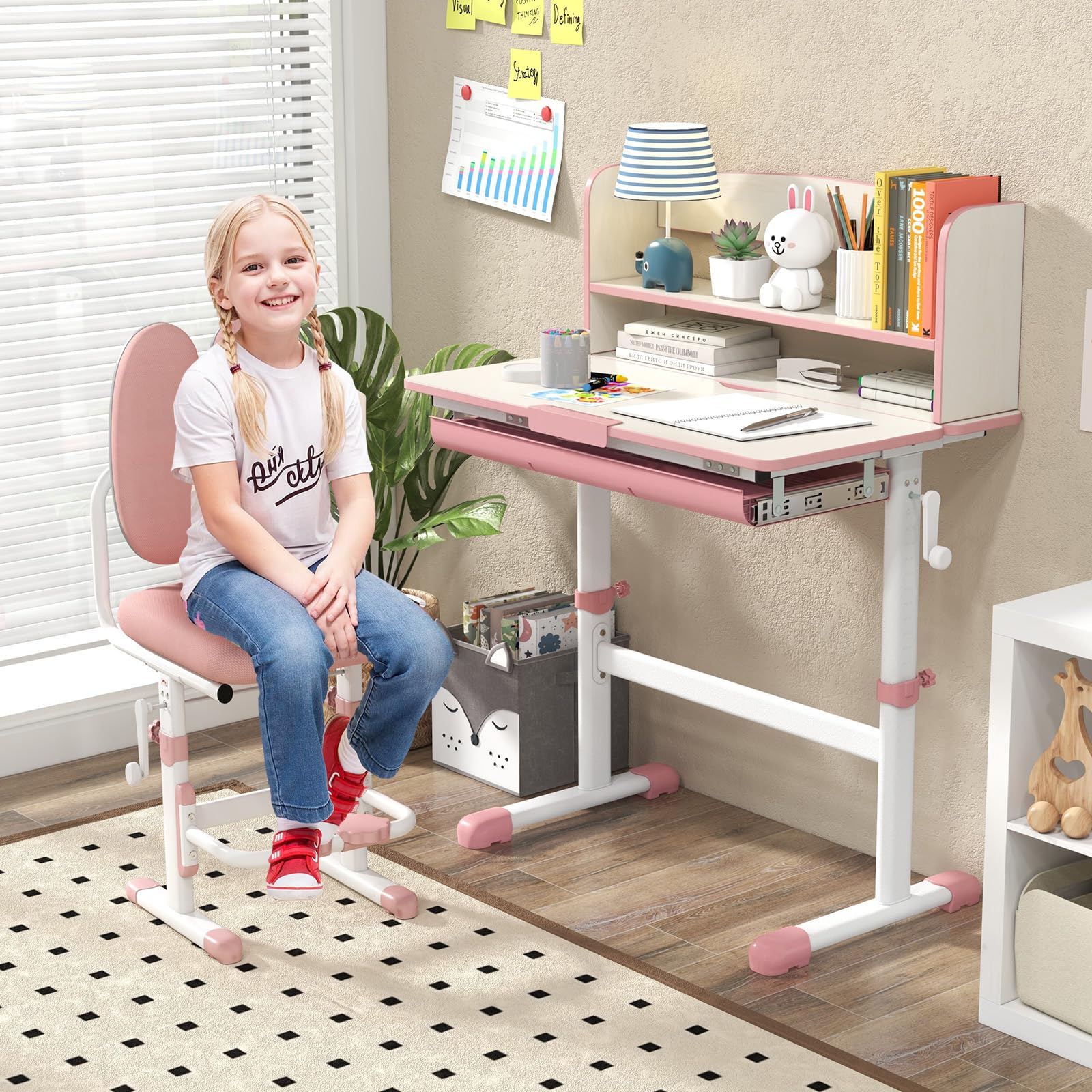 Costzon Adjustable Kids Desk with Storage Drawer & Hutch - Ergonomic Study Desk for Children, Tilt Desktop & Scale Ruler - Perfect for Homework, Drawing & Bedroom Organization (Pink)