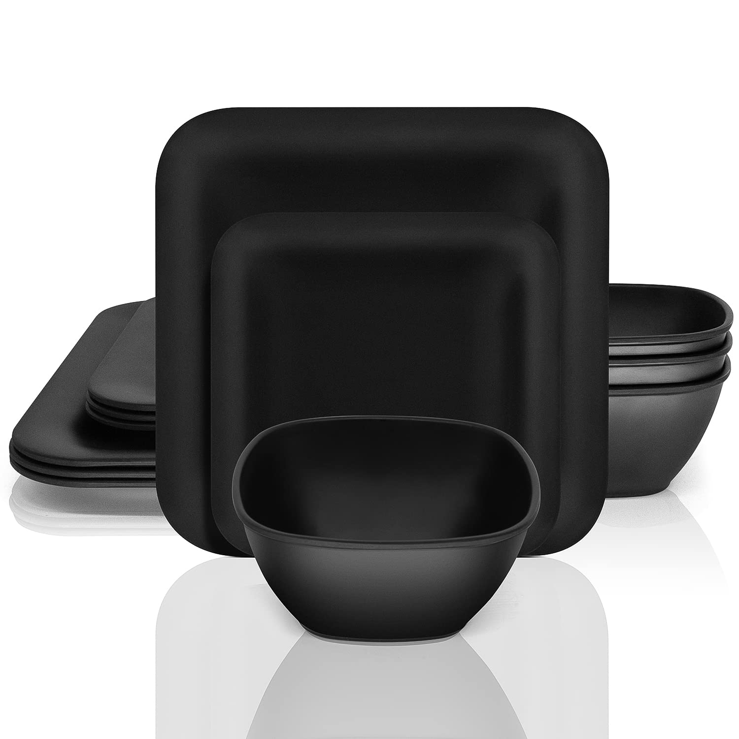 Premium 12-Piece Melamine Dinnerware Set - Square Matte Black Plates & Bowls, Dishwasher Safe for Indoor/Outdoor Use | Perfect for Camping, Picnics, BBQs, and Everyday Dining
