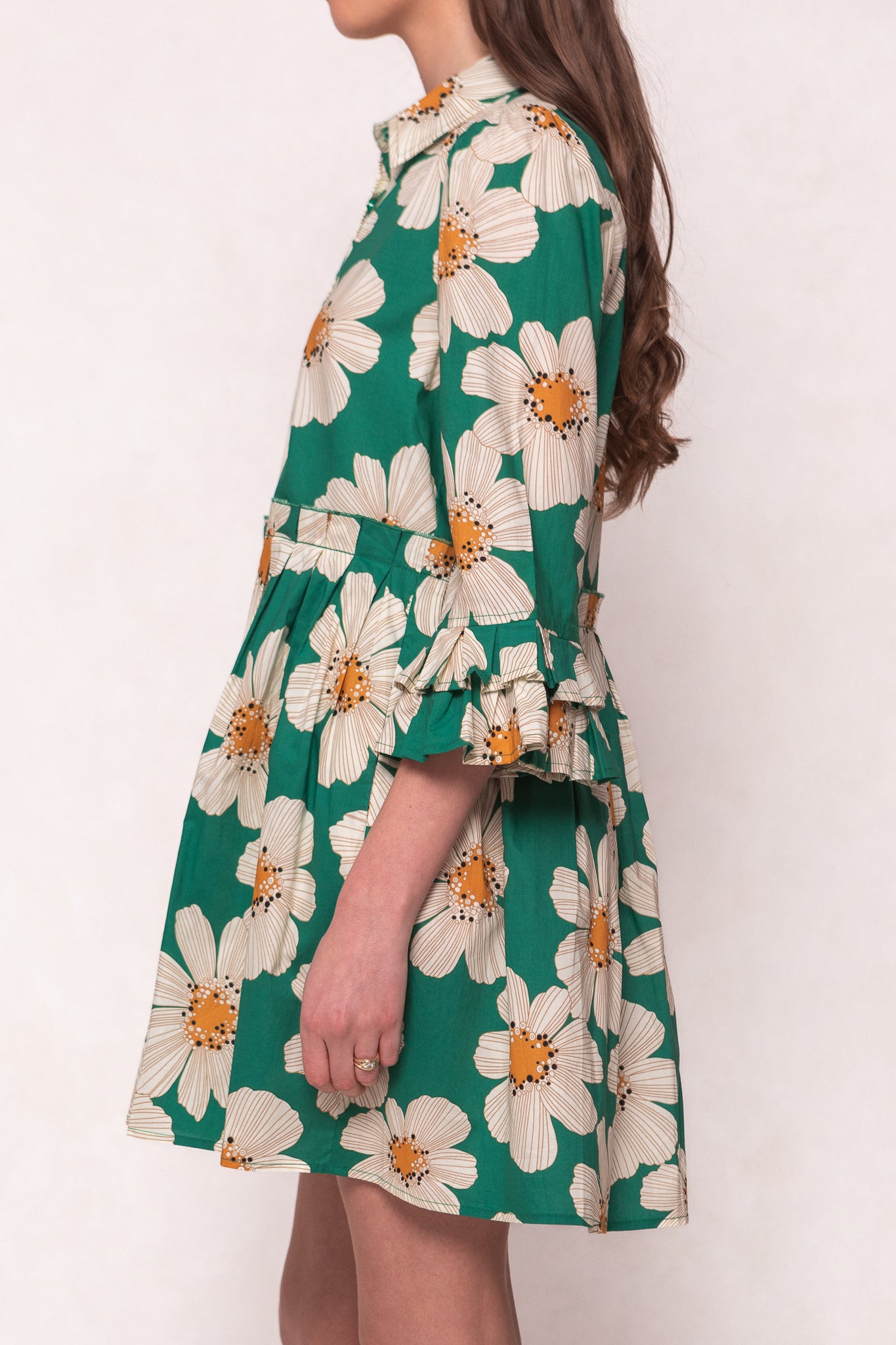 Elegant Green Bowie Dress with White Floral Print - Perfect for Spring Weddings & Garden Parties