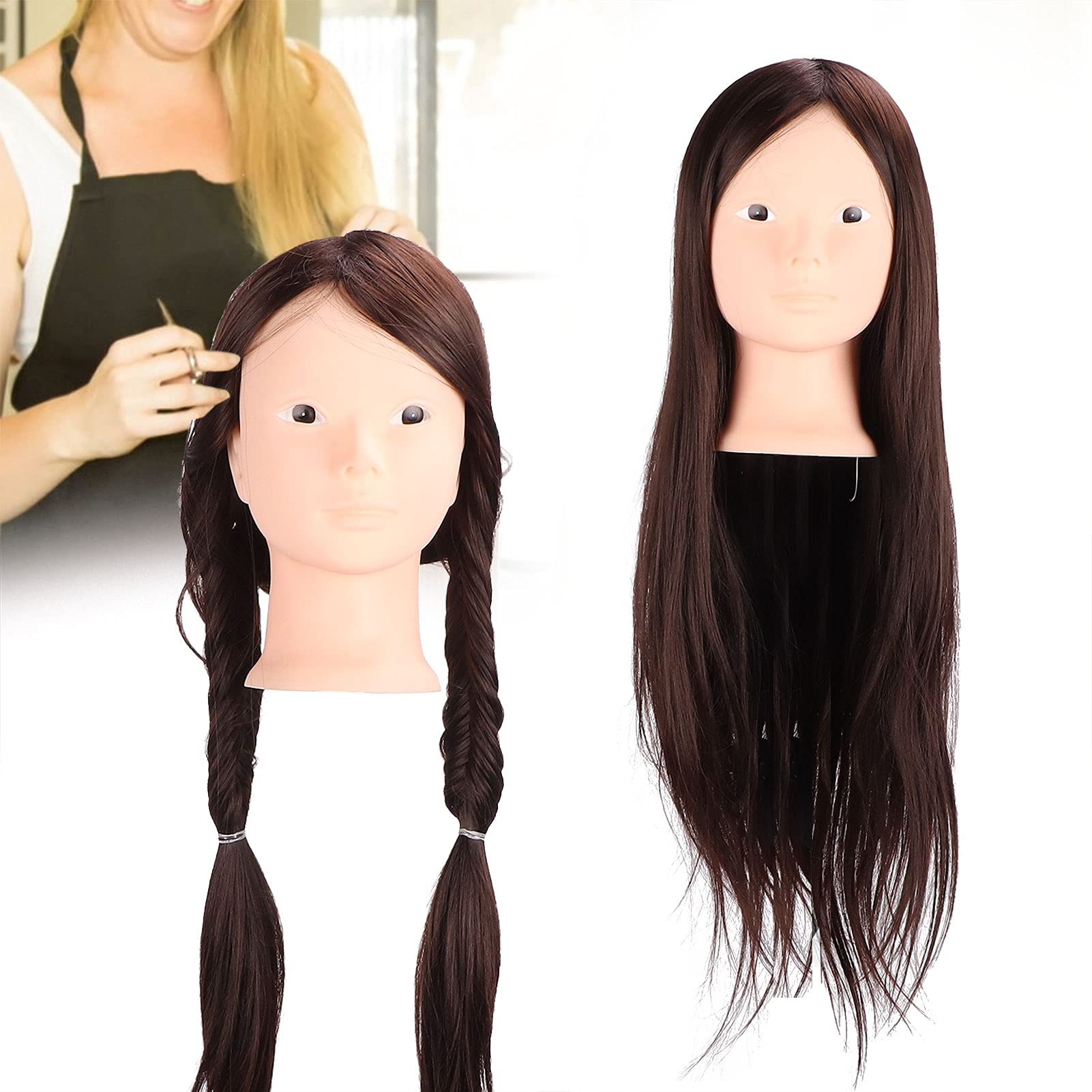 Professional Mannequin Head for Hair Styling Training - Long Brown Fiber Hair Cosmetology Doll Head - Perfect for Salon Practice, Beauty School, and DIY Hairstyling at Home