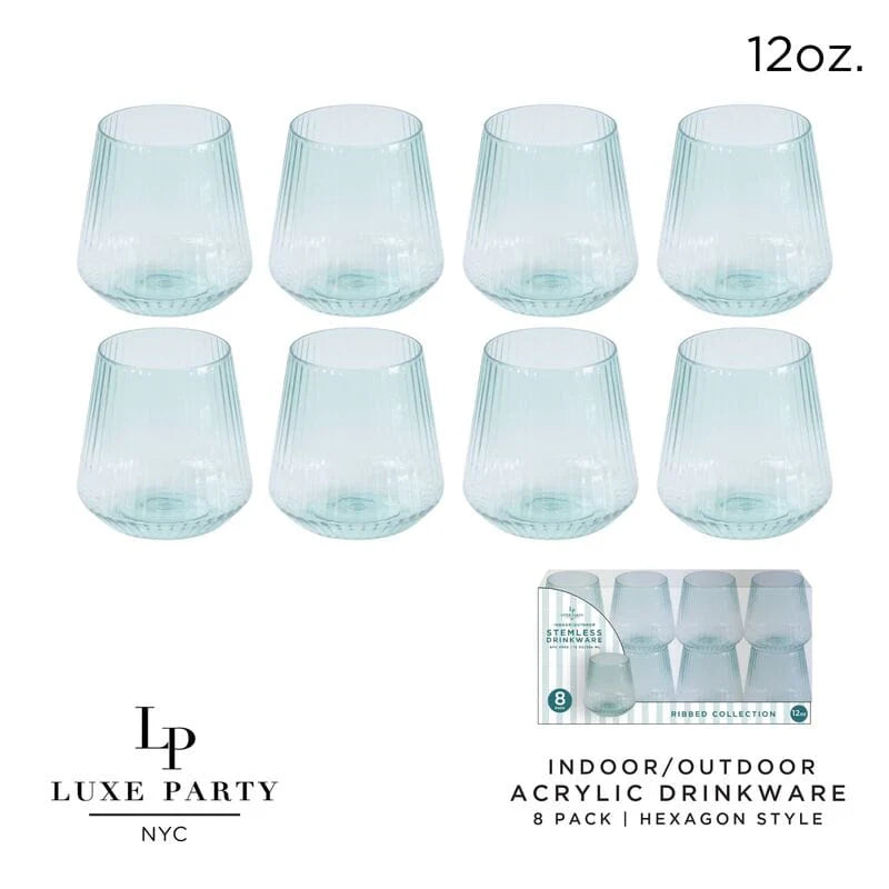 12 oz. Blue Plastic Stemless Ribbed Wine Goblets - 8 Pack Set for Outdoor Parties, Picnics & BBQs - Shatterproof & Reusable Drinking Cups