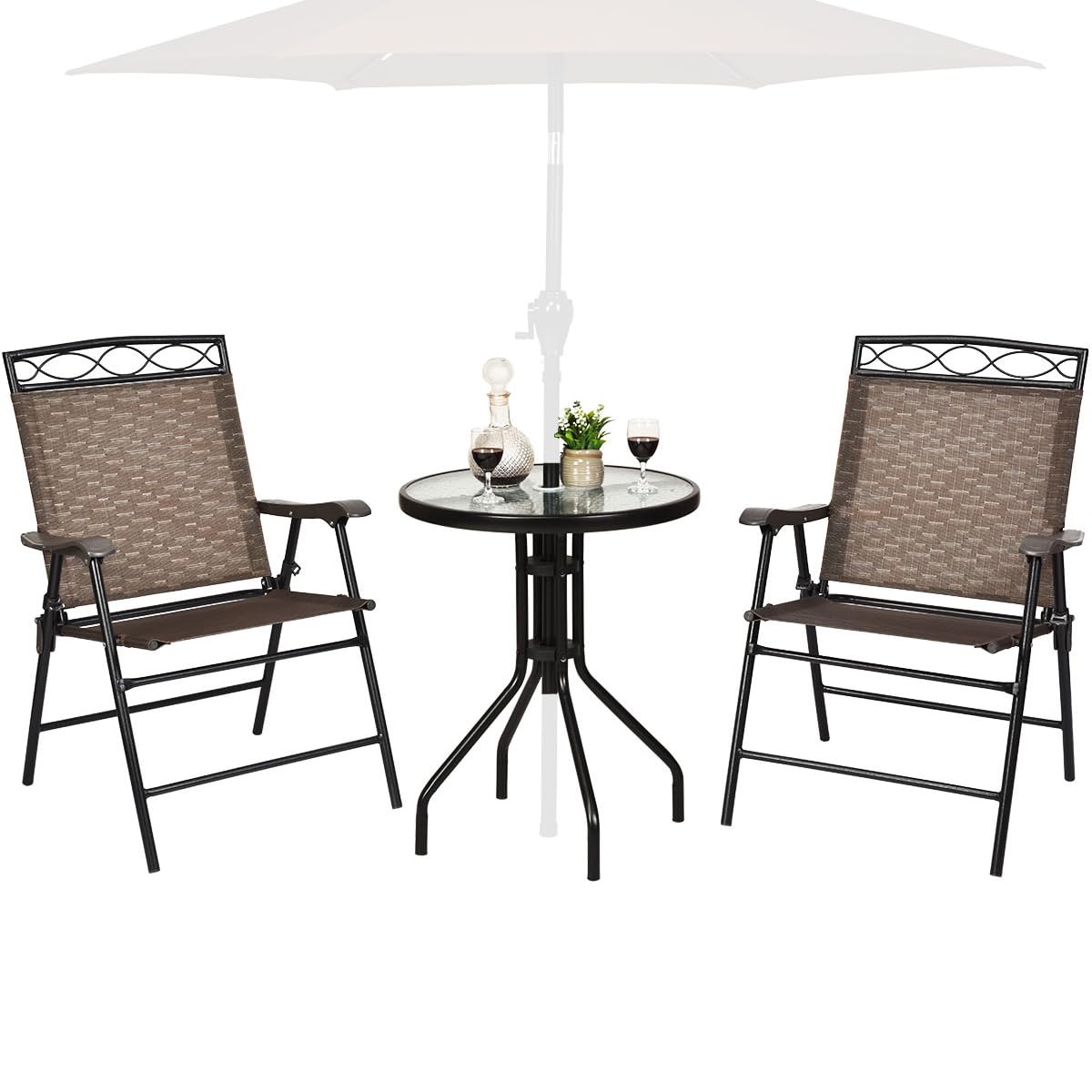 HAPPYGRILL 3-Piece Outdoor Patio Dining Set with Round Tempered Glass Table & Foldable Chairs, Garden Poolside Backyard Furniture Set with Umbrella Hole - Perfect for BBQs, Parties, and Relaxing Outdoors