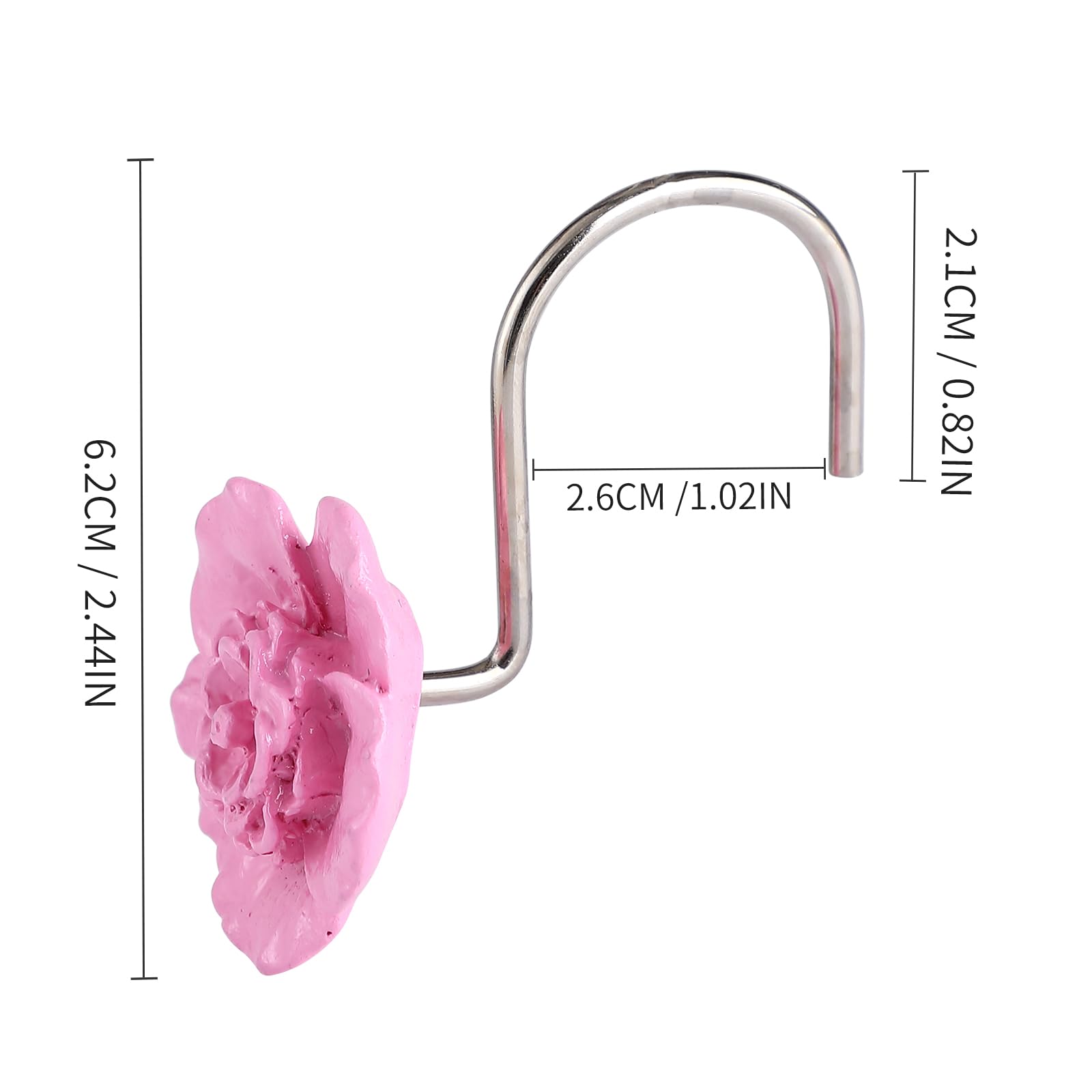 Twofish Home Pink Flower Design Shower Curtain Hooks - Set of 12 Decorative Bathroom Accessories for Shower, Bathtub, and Window Curtains