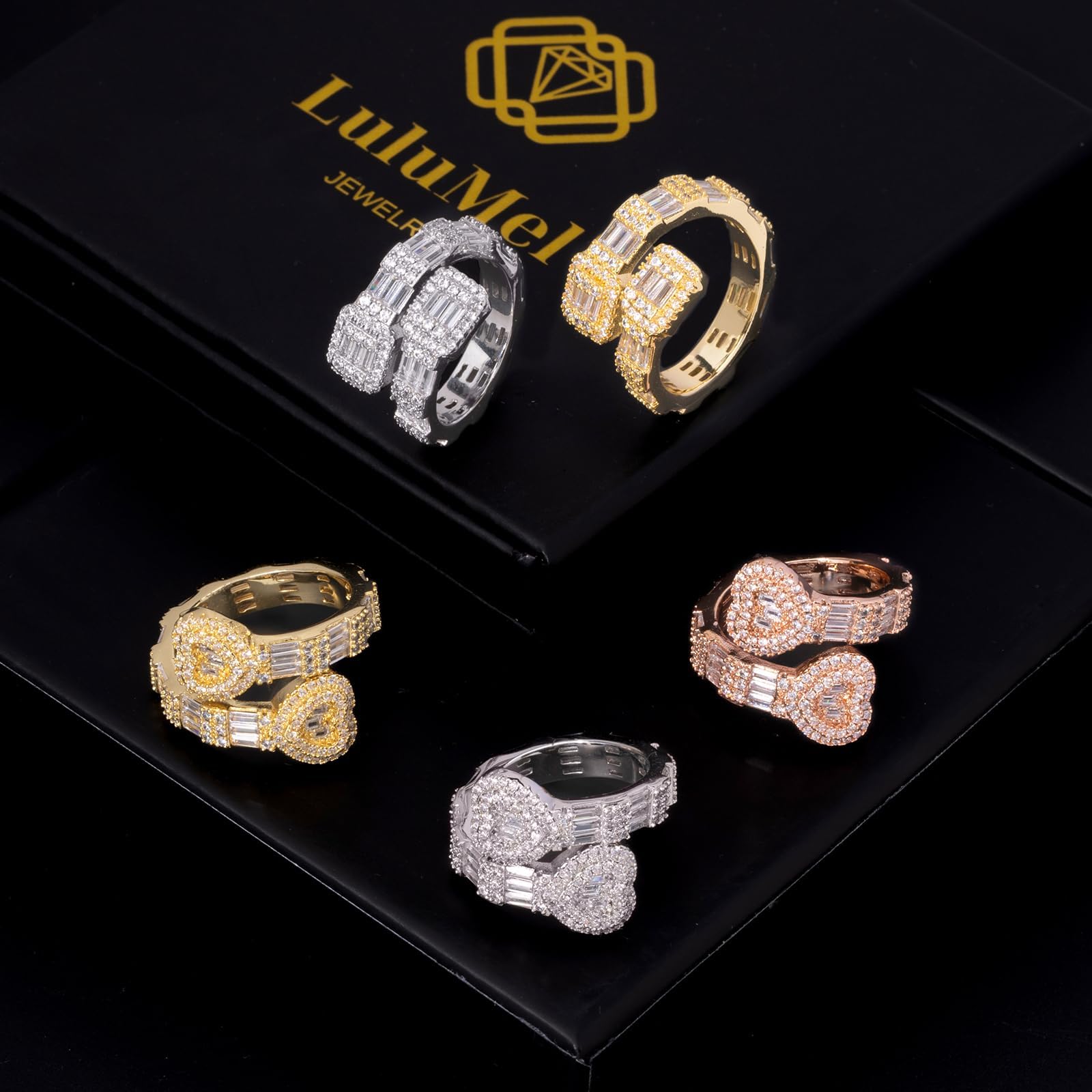 Iced Out Baguette CZ Adjustable Heart Ring - Rose Gold Bling Jewelry for Men & Women, Luxury Party Pinky Ring for Valentine's Day, Anniversary & Special Occasions