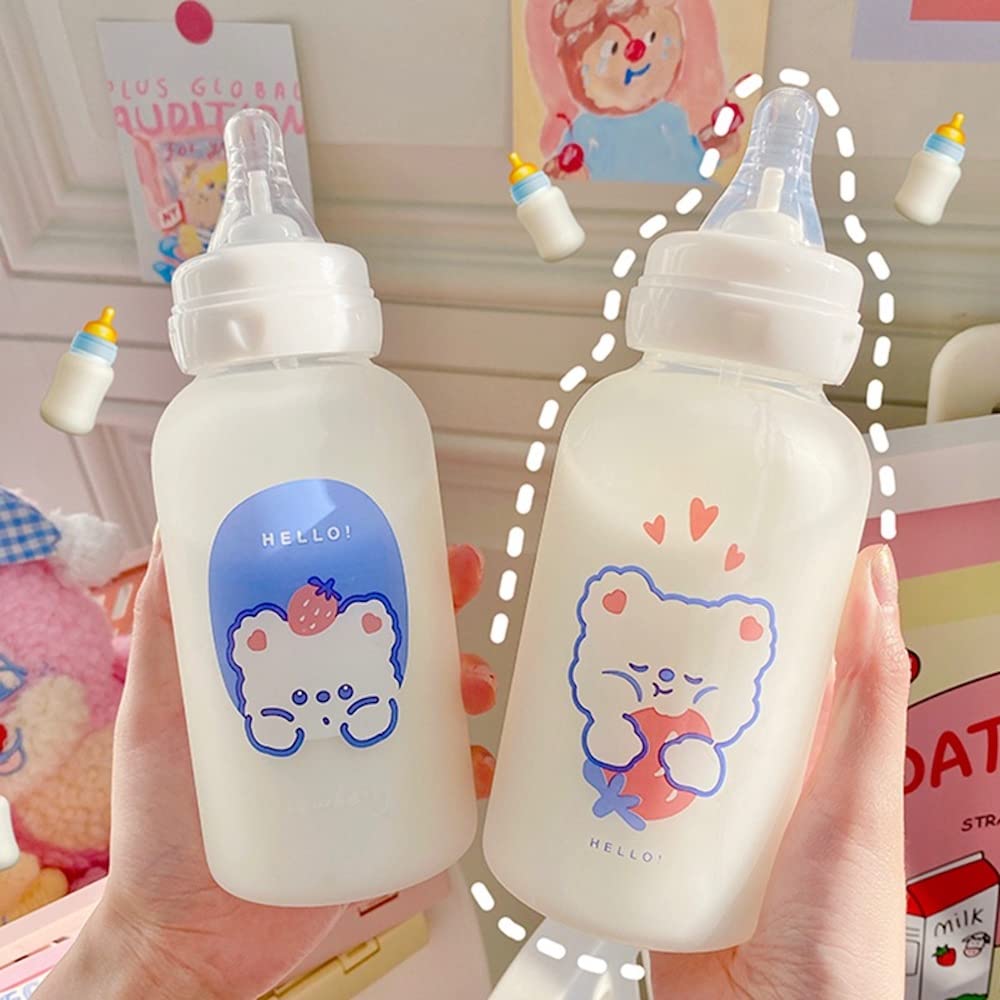 Strawberry Bear Glass Water Bottle with Straw Lid - 11oz Cute Kawaii Water Bottle for Women Adults, BPA Free Borosilicate Glass, Portable Drinking Bottle for Office, Gym, Travel, and Outdoor Activities