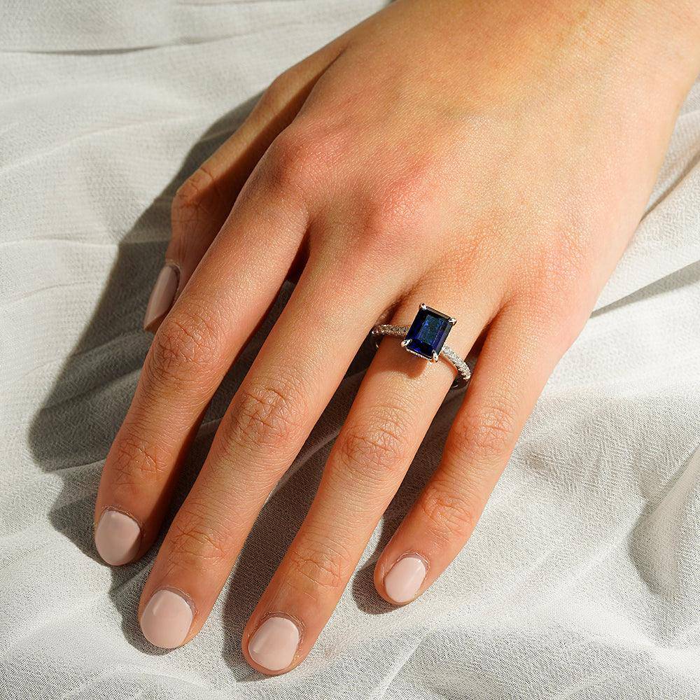 3 CT. Lab-Created Sapphire Engagement Ring with Side Stones & Hidden Halo - Perfect for Proposals, Anniversaries & Romantic Occasions