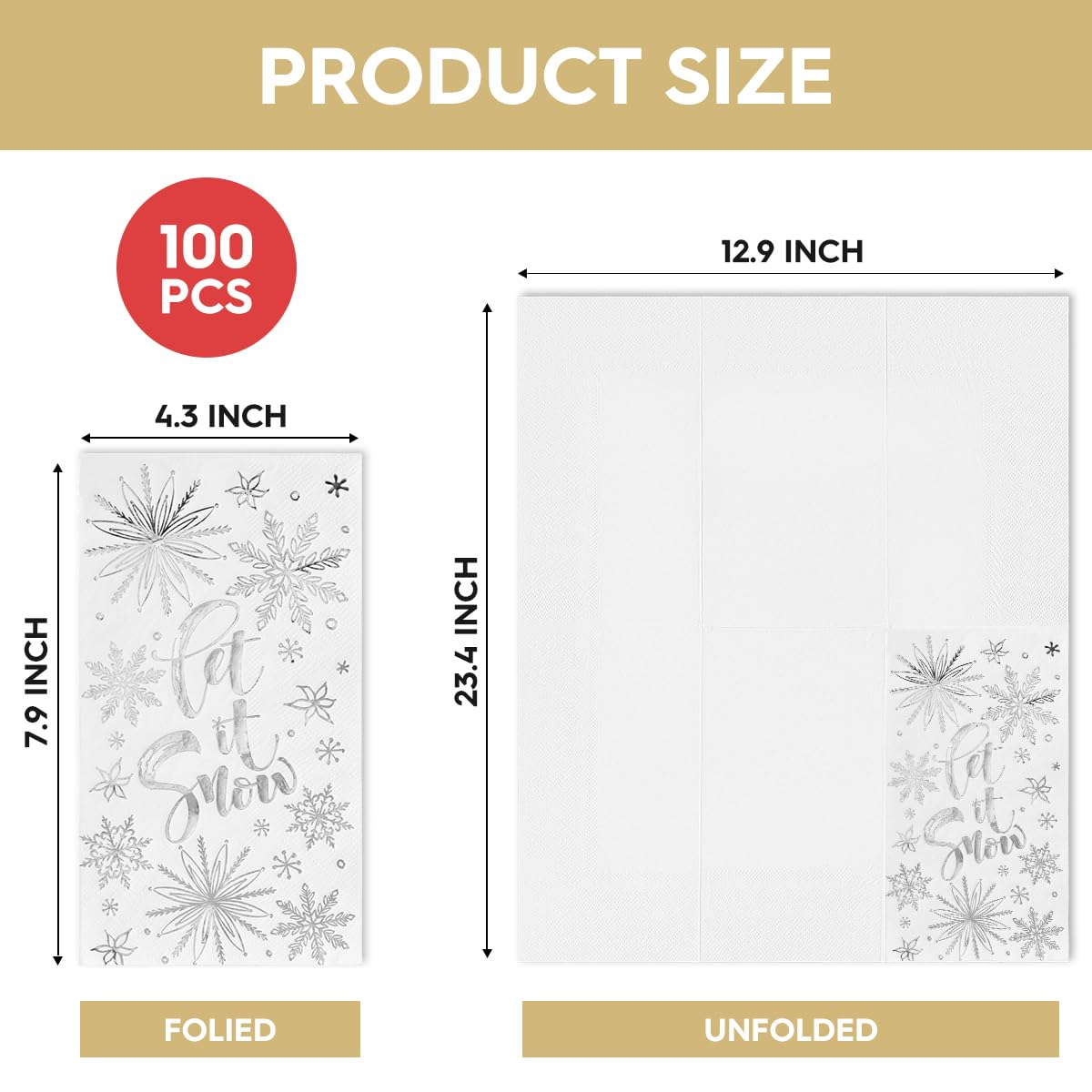 Horaldaily 100 Christmas Disposable Paper Napkins - Let It Snow White with Silver Foil - Decorative Guest Hand Towels for Holiday Parties, Lunches, Dinners, Kitchen & Bathroom - Perfect for Christmas Gatherings, Office Celebrations and Festive Home Decor