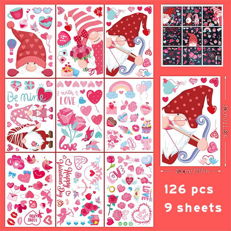 Valentines Day Window Clings Decorations - 126Pcs Gnome Heart Decals for Glass, Perfect for Holiday, Wedding & Anniversary Parties - Festive Home Decor for Couples & Families in 2024