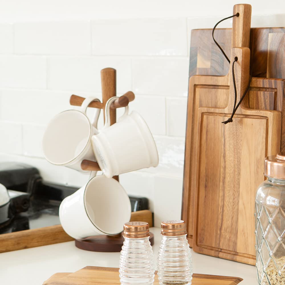 Acacia Wood Mug Tree for 6 Cups - Rustic Tuscany Style Coffee Mug Holder - Perfect for Kitchen, Dining Room, or Coffee Shop Display