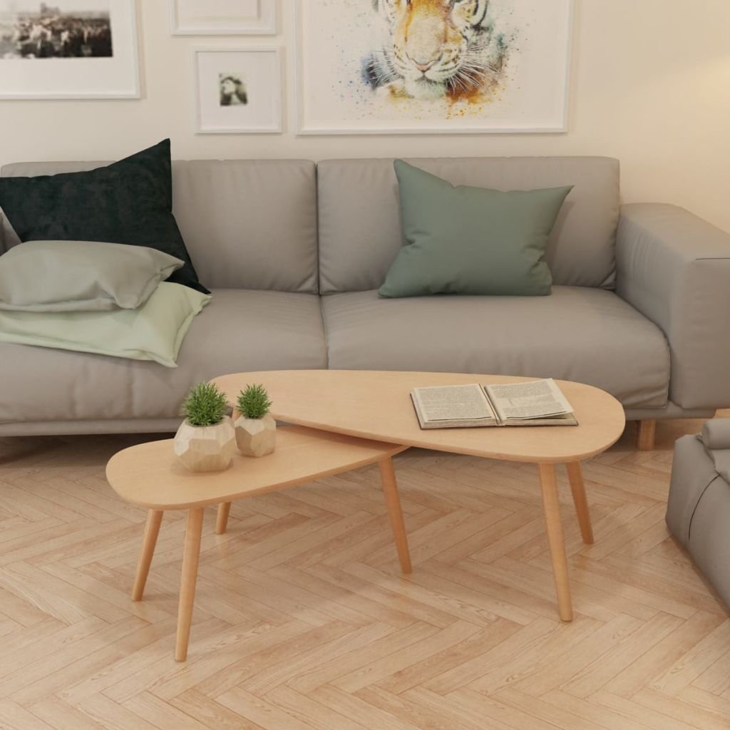 2-Piece Coffee Table Set with Foot Pads - Solid Pinewood Brown Tea End Table & Couch Side Table for Living Room, Office - Perfect for Conversations, TV Snacking and Reading Nook Accent Furniture