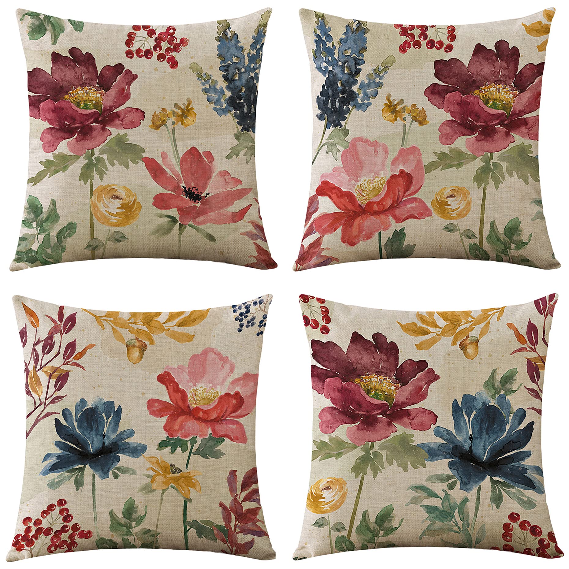 WOMHOPE 18x18 Inch Burlap Throw Pillow Covers - Pack of 4, Square Floral Bird Butterfly Design for Couch, Sofa & Home Decor - Perfect for Living Room, Bedroom & Outdoor Use
