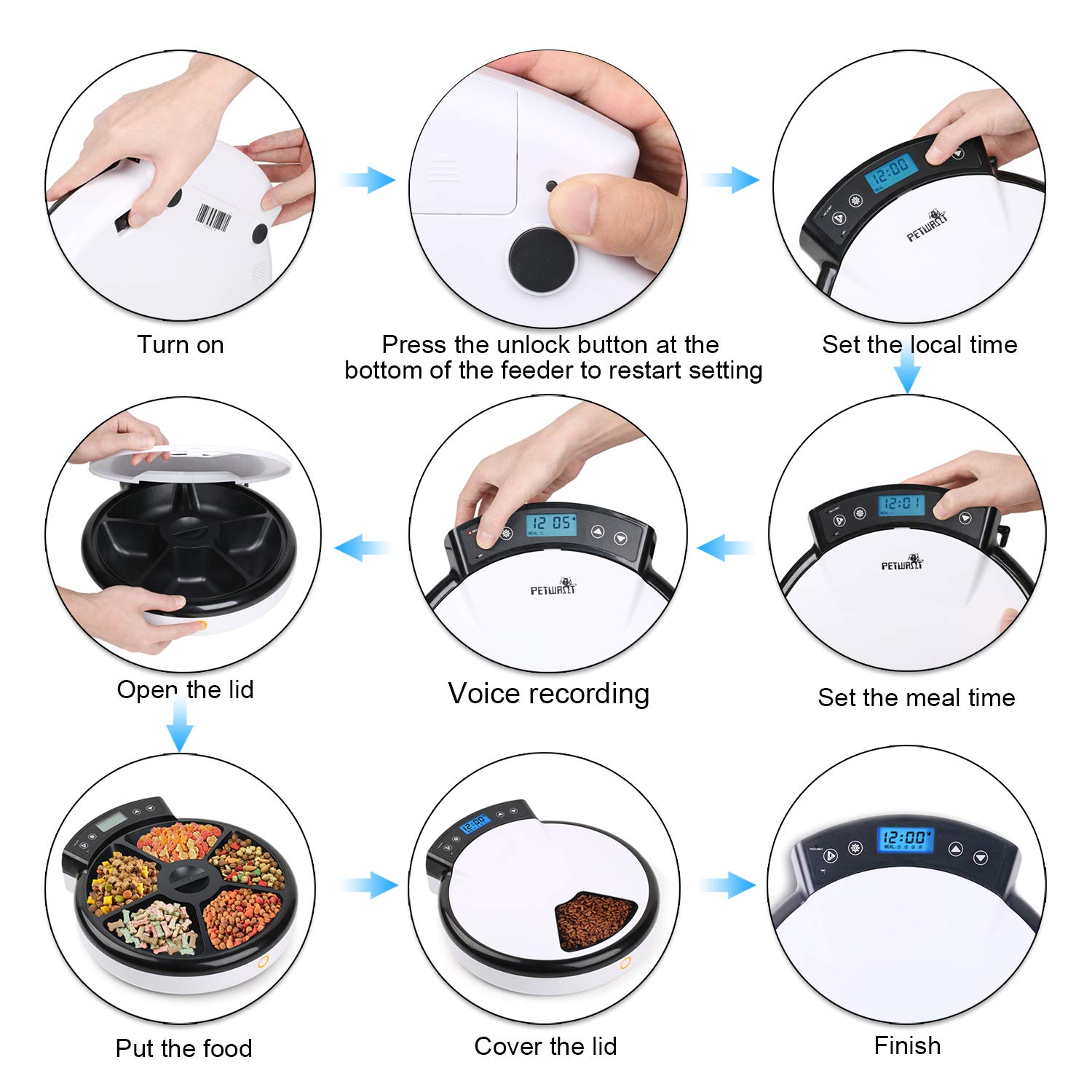 Automatic Pet Feeder for Cats & Dogs - 5 Meal Programmable Timer, 5 x 240ml Dry Food Dispenser | Perfect for Home, Office & Travel Use