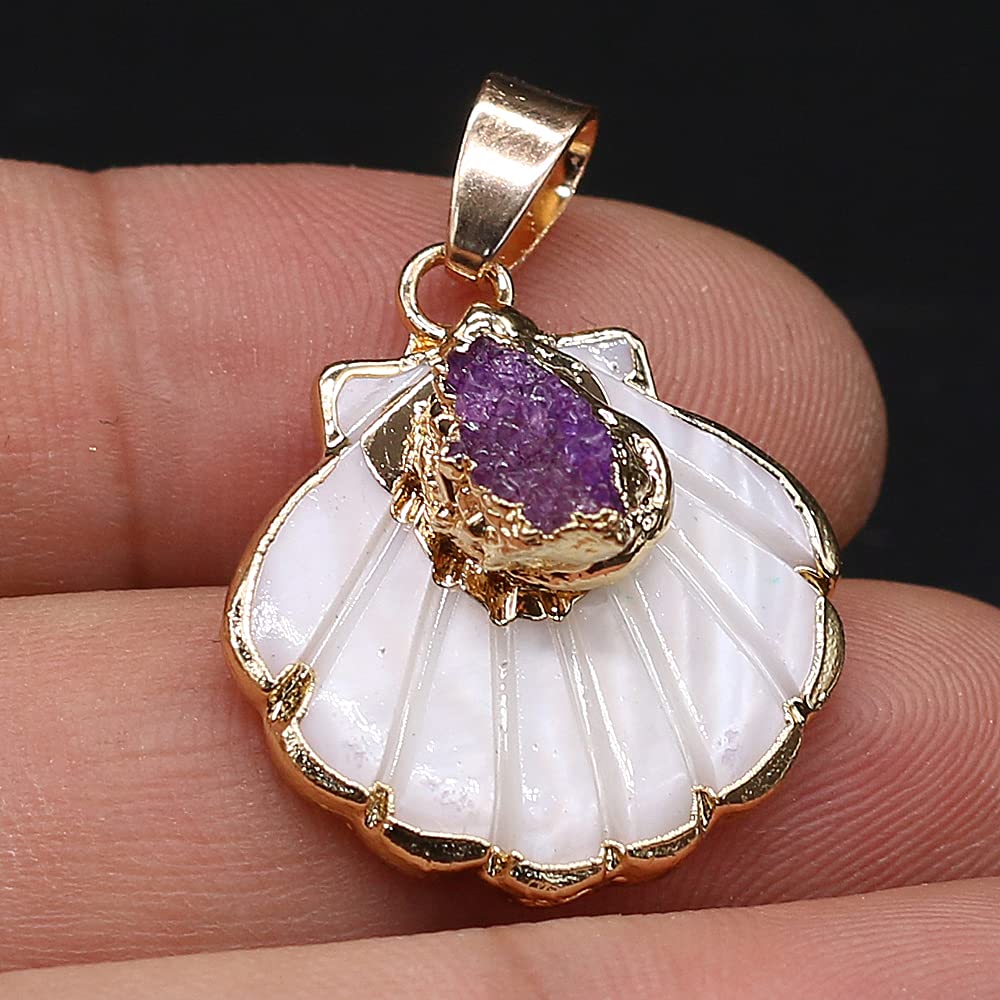 LHJ Scallop-Shaped Natural Mother of Pearl Shell Pendants - 5pcs Energy Crystal Stone Settings for Jewelry Making (DIY Necklace, Bracelet, Earrings Crafting) - Perfect for Boho, Beach & Spiritual Jewelry Designs