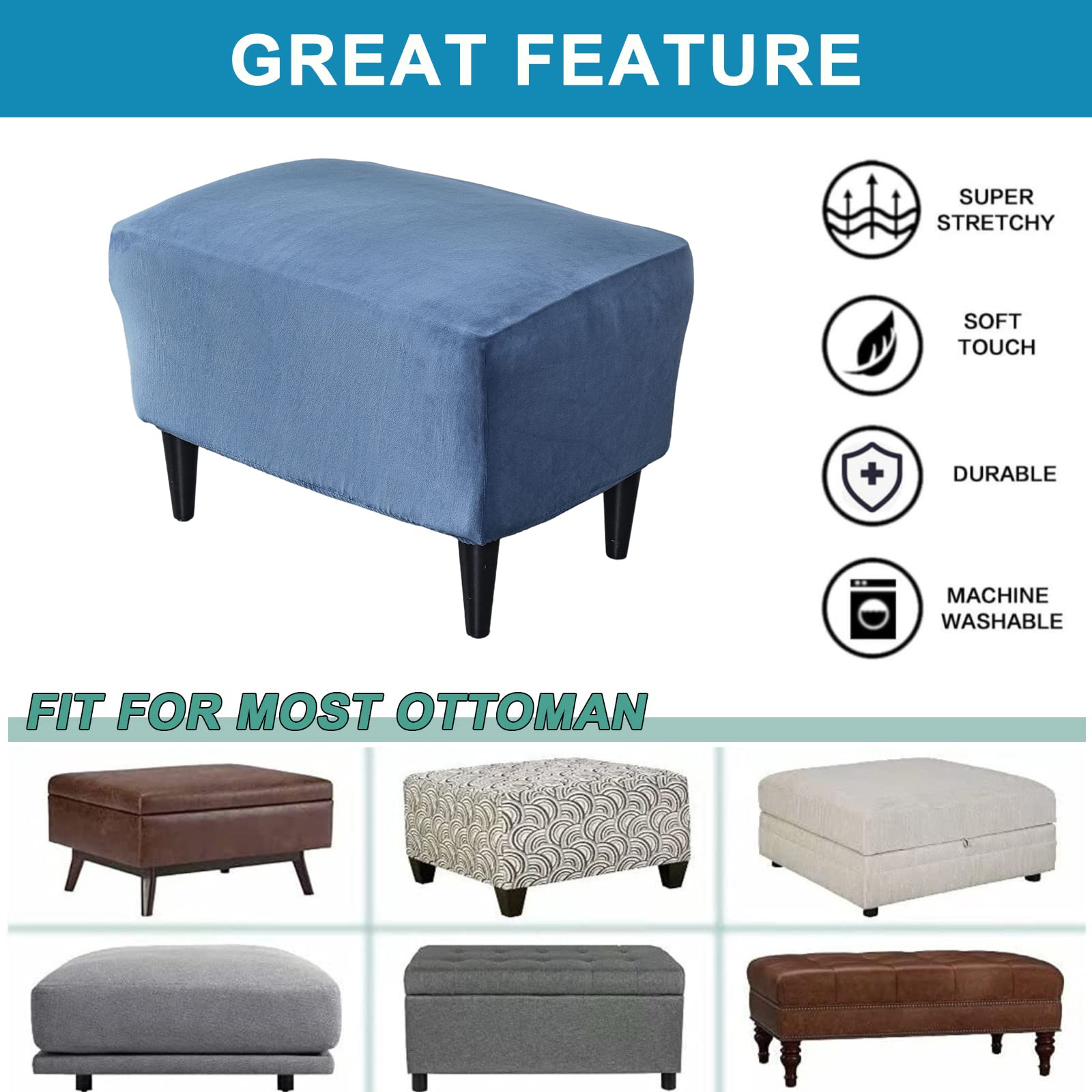 Premium Velvet Ottoman Chair Cover X-Large - Stretchable Rectangle Storage Stool Slipcover with Elastic Bottom - Footrest & Sofa Protector for Living Room, Bedroom, Nursery Decor