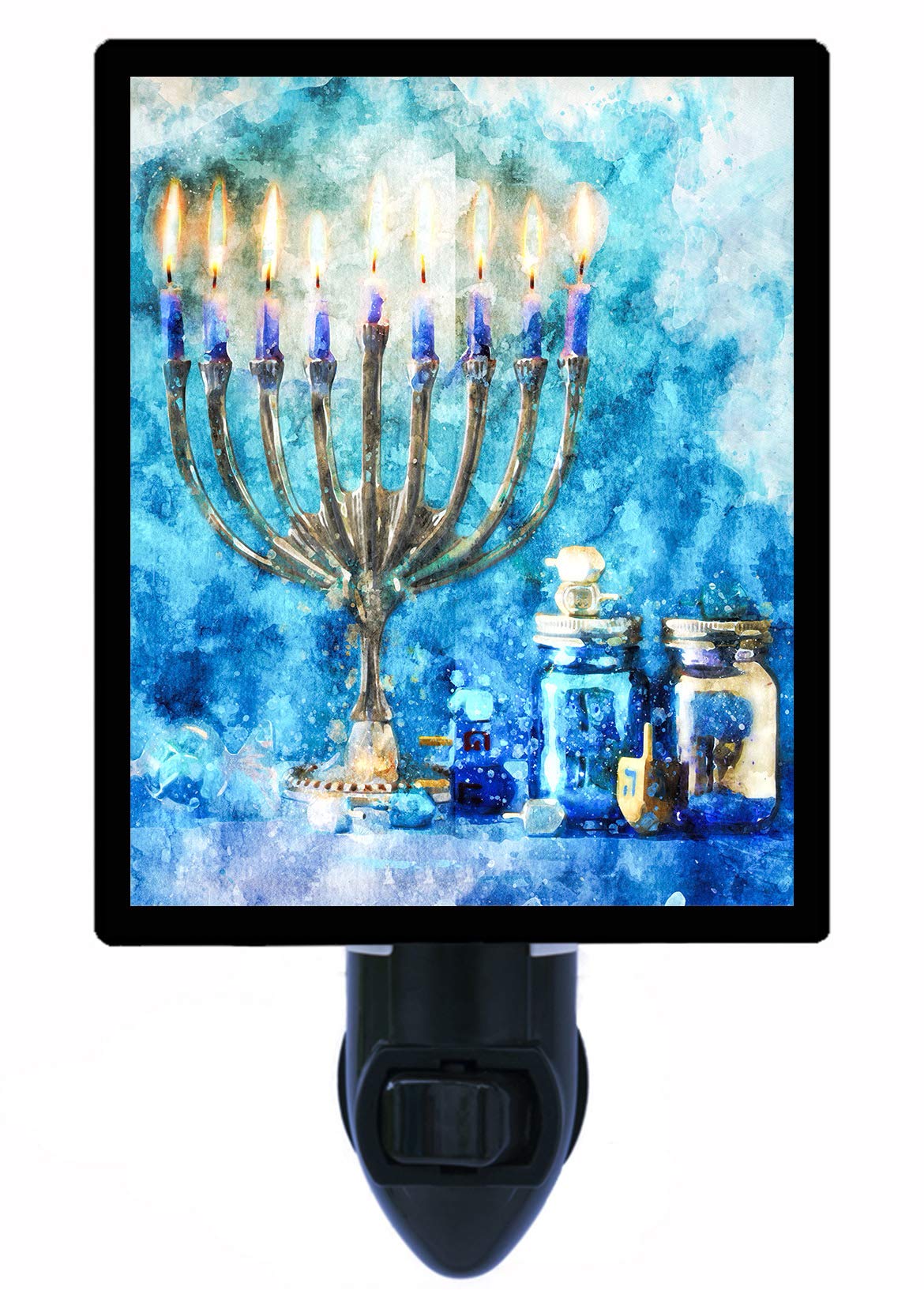 LED Decorative Photo Night Light - Hanukkah Menorah Lamp in Blue for Jewish Holiday Decor & Bedroom Nightlight