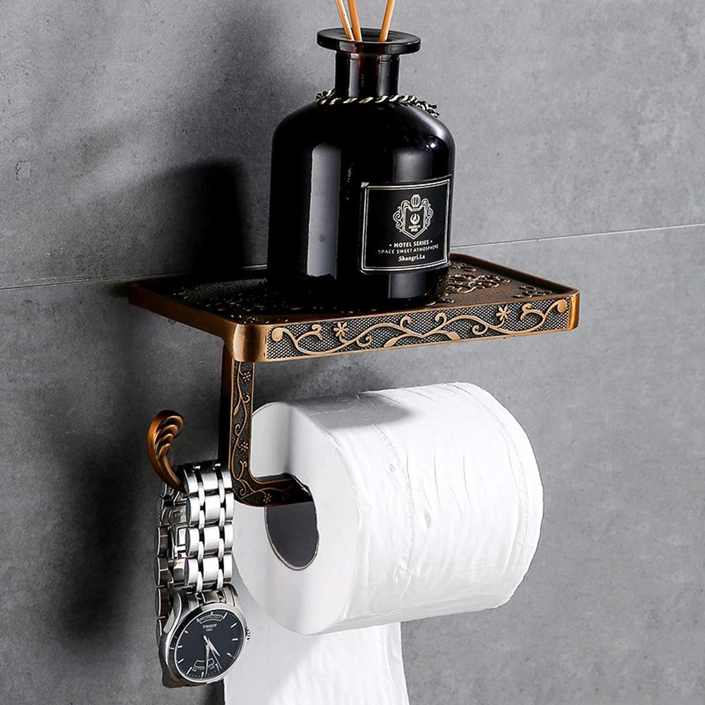 Vintage Carved Toilet Paper Holder with Phone Shelf & Hook - Space Saving Aluminum Bathroom Tissue Holder - Wall Mounted WC Paper Rack for Home, Office, and RV Bathrooms