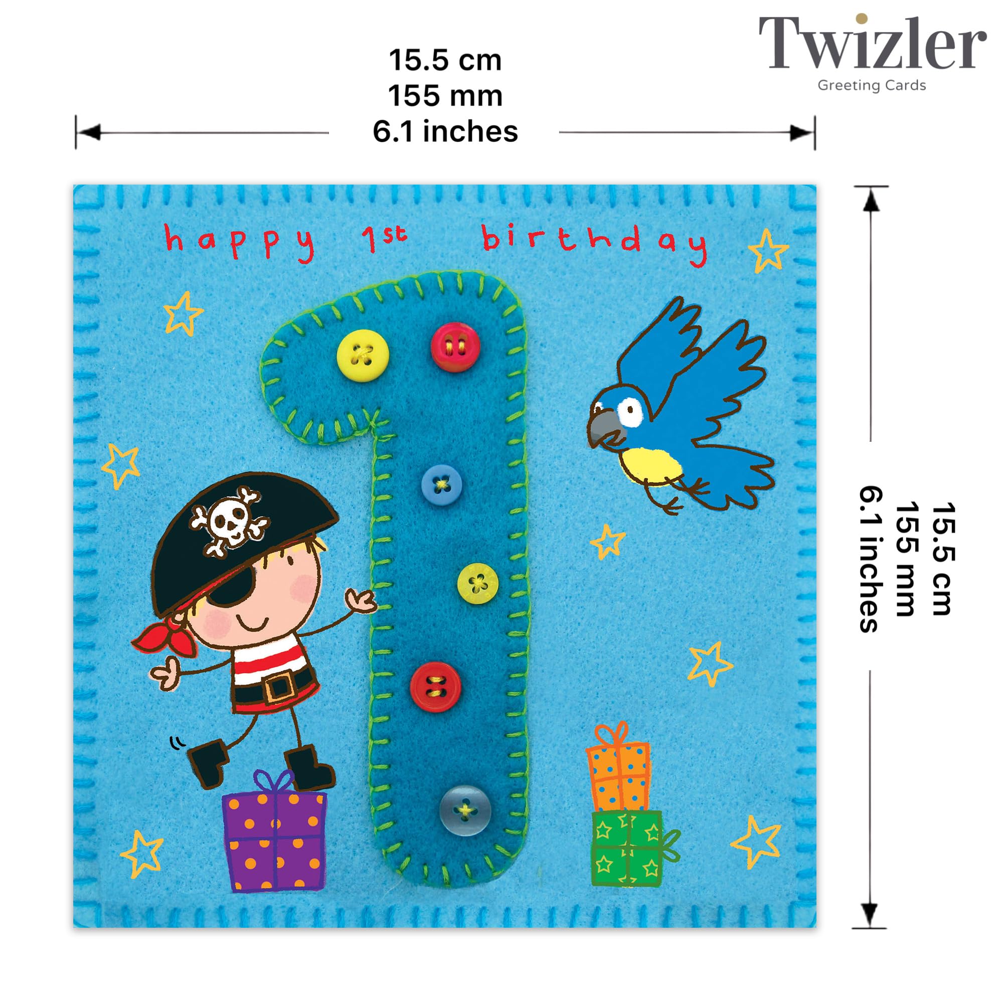 Twizler Pirate & Parrot 1st Birthday Card for Boys - One Year Old Age 1 - Kids Birthday Greeting Card - Perfect for Pirate Themed Parties & Baby Boy Celebrations