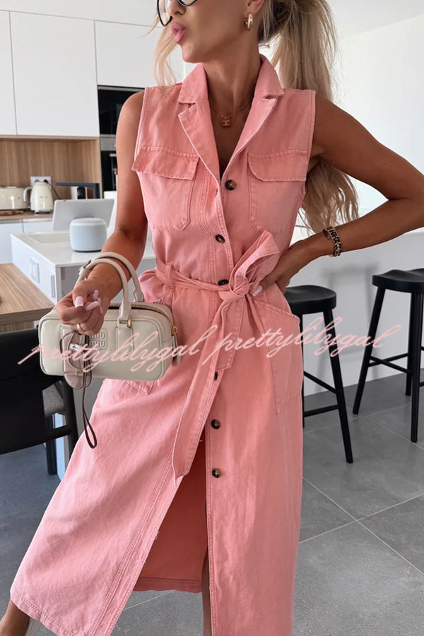 Solid Color Sleeveless Denim Midi Dress with Waist Tie & Pockets - Casual Summer Dress for Women, Perfect for Beach Outings, Picnics, and Weekend Brunch