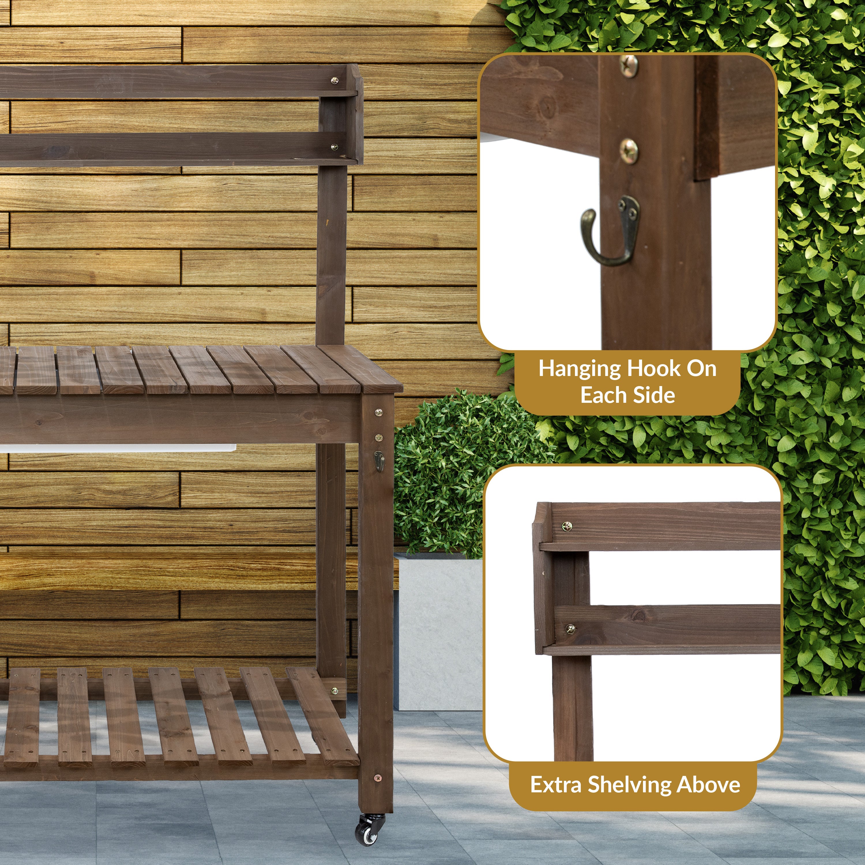 Sunnydaze Fir Wood Wheeled Outdoor Potting Bench with Sink - Brown | Heavy-Duty Garden Workstation for Planting, Potting & Organizing Tools | Perfect for Backyard, Greenhouse & Gardening Enthusiasts