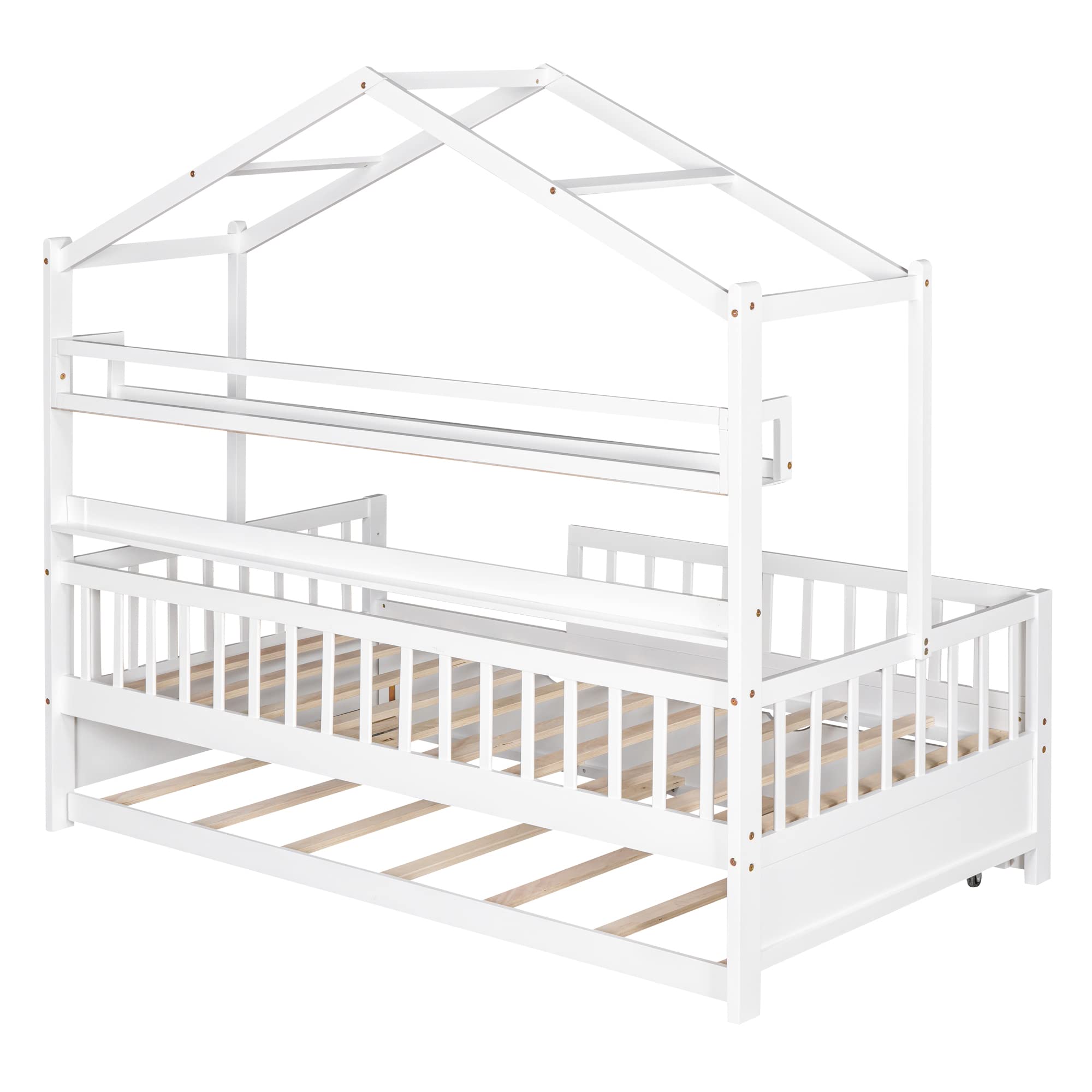 P PURLOVE Twin Size House Bed Frame with Trundle - Montessori Style Kids Bed for Boys & Girls, White - Perfect for Bedrooms, Playrooms & Montessori Learning Spaces