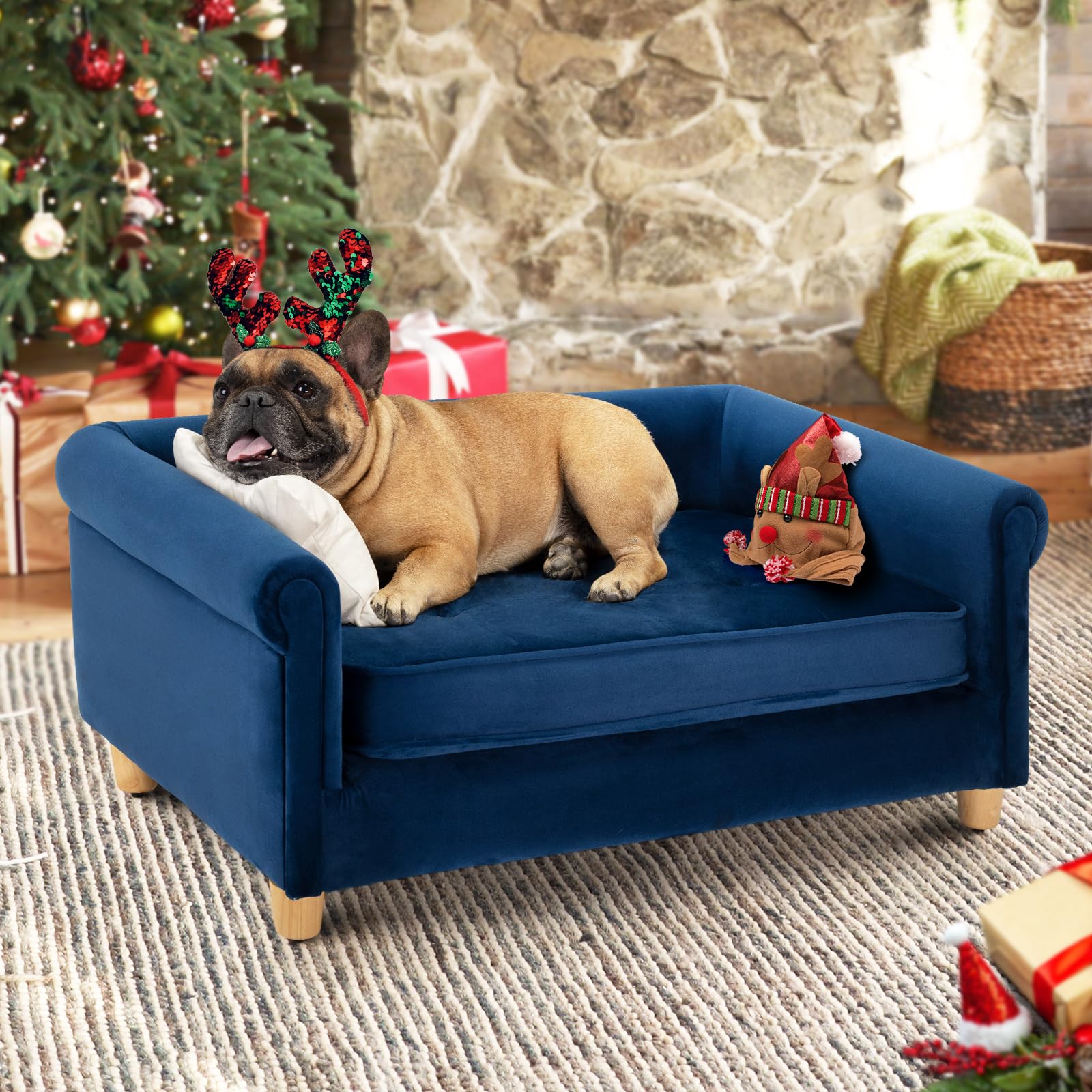 Premium Medium Dog Sofa for Small to Medium Dogs Up to 70 lbs - 33 Inch Plush Velvet Pet Bed with Orthopedic Support - Navy Blue Dog Couch for Living Room, Bedroom & Office Comfort